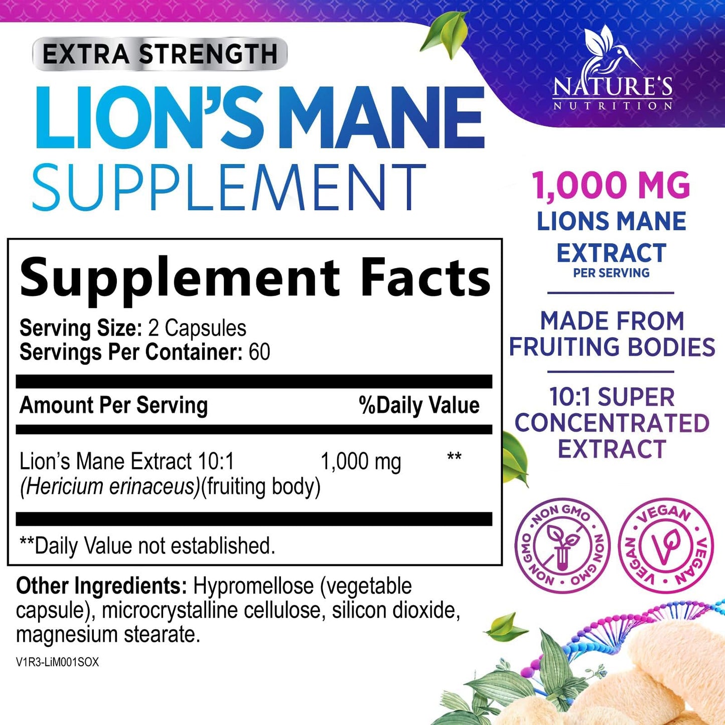 Nature's Nutrition Lion's Mane Mushroom Capsules 120 Count