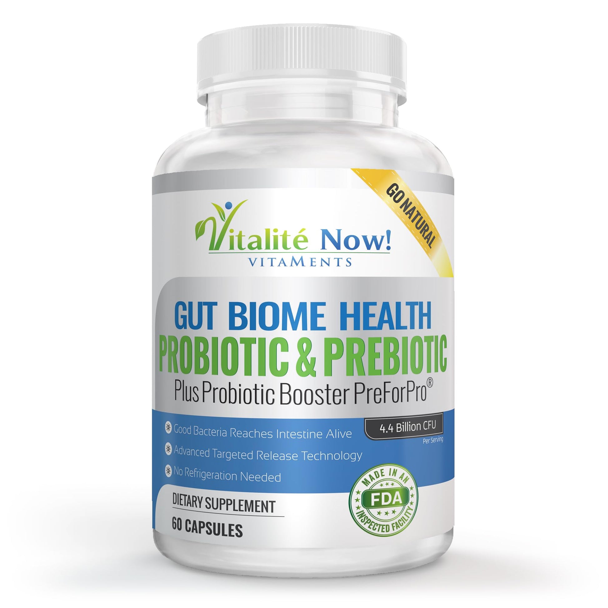 Vitalité Now! Premium Probiotic Plus Ultimate Prebiotic Capsule - Gut Biome Builder & Restoration 60 Count