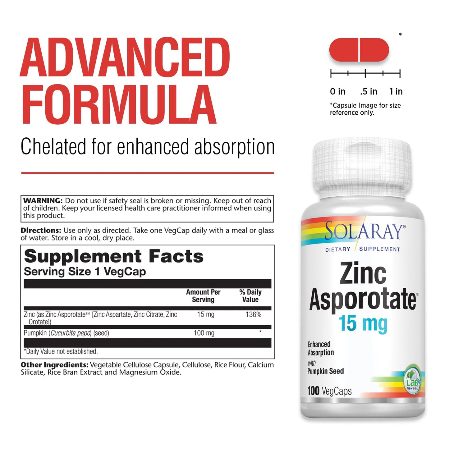 Solaray Zinc Asporotate 15mg Chelated Complex Capsule, 100 VegCaps