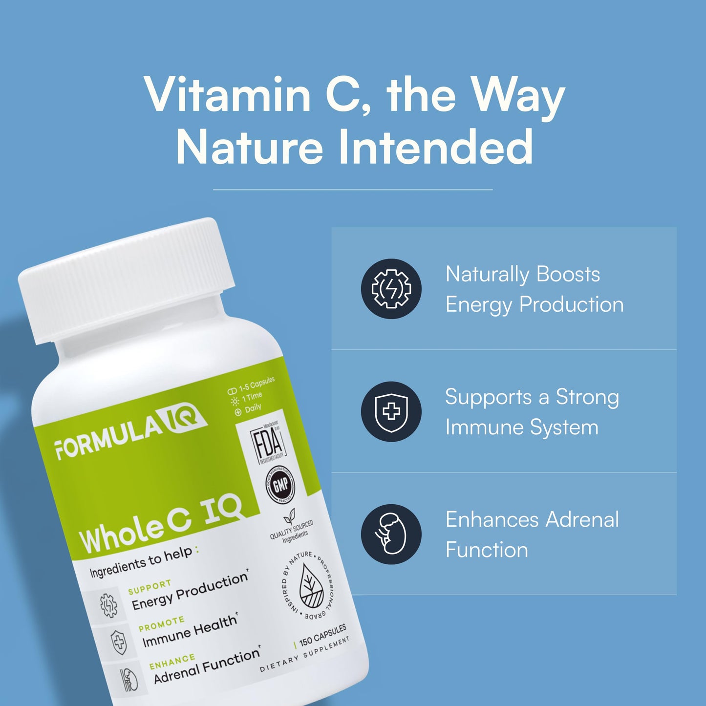FIQ Formula IQ Whole C IQ Natural Vitamin C with Amla Fruit Extract, Iron, Energy & Immune Support from Whole Food Sources, High Absorption Vitamin C Capsules, 90 Capsules