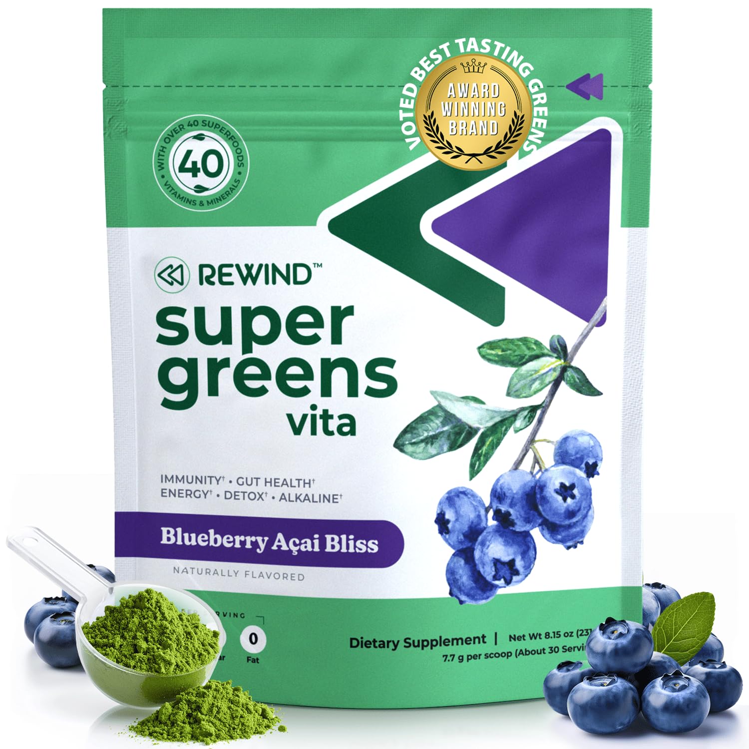 Rewind Best Tasting Super Greens Powder with 40+ Superfoods 7.83 Ounce