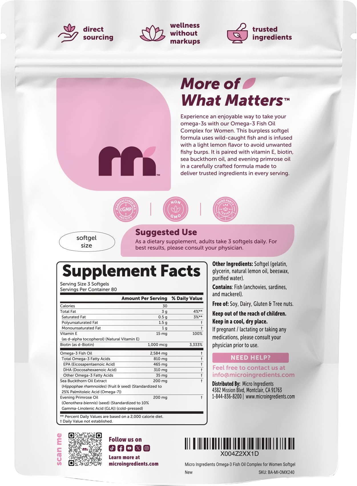 Micro Ingredients Omega-3 Fish Oil Complex for Women Softgels, 240