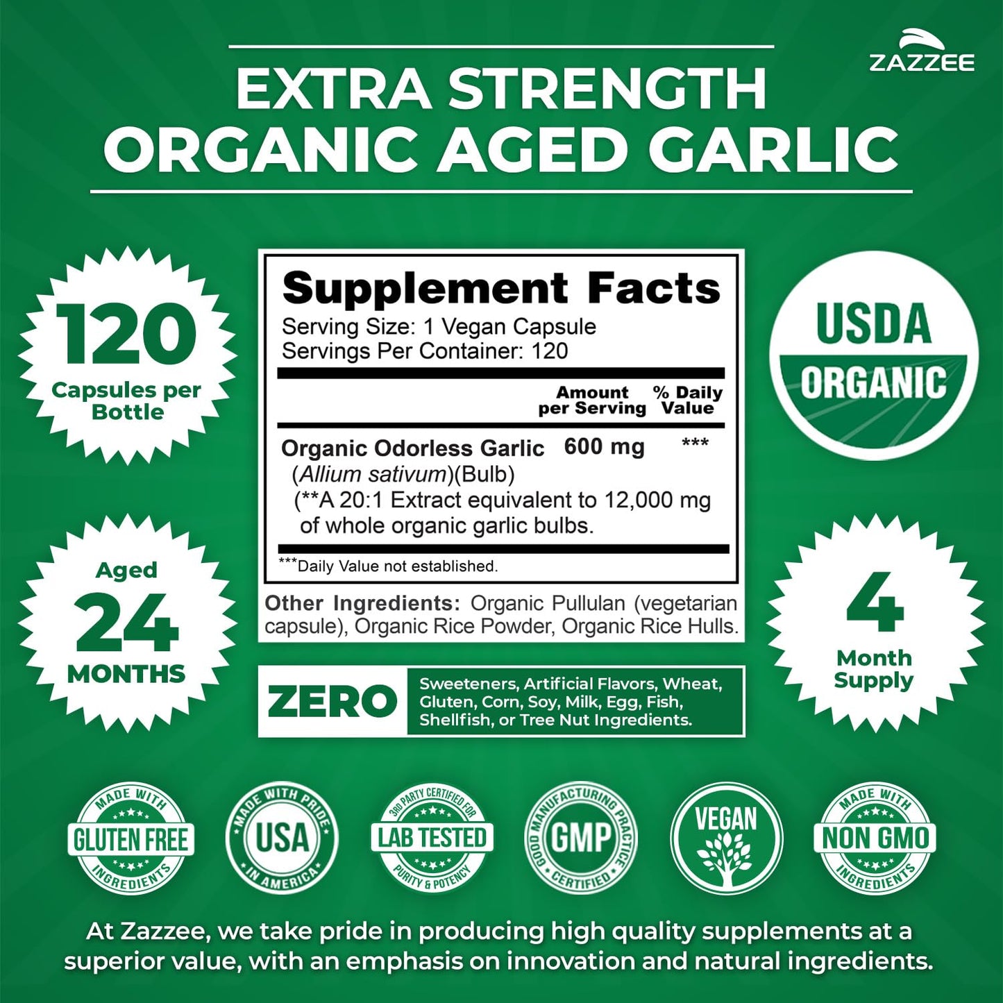 Zazzee USDA Organic Aged Garlic 20:1 Extract, Aged 24 Months, Odorless Capsule 120 Count