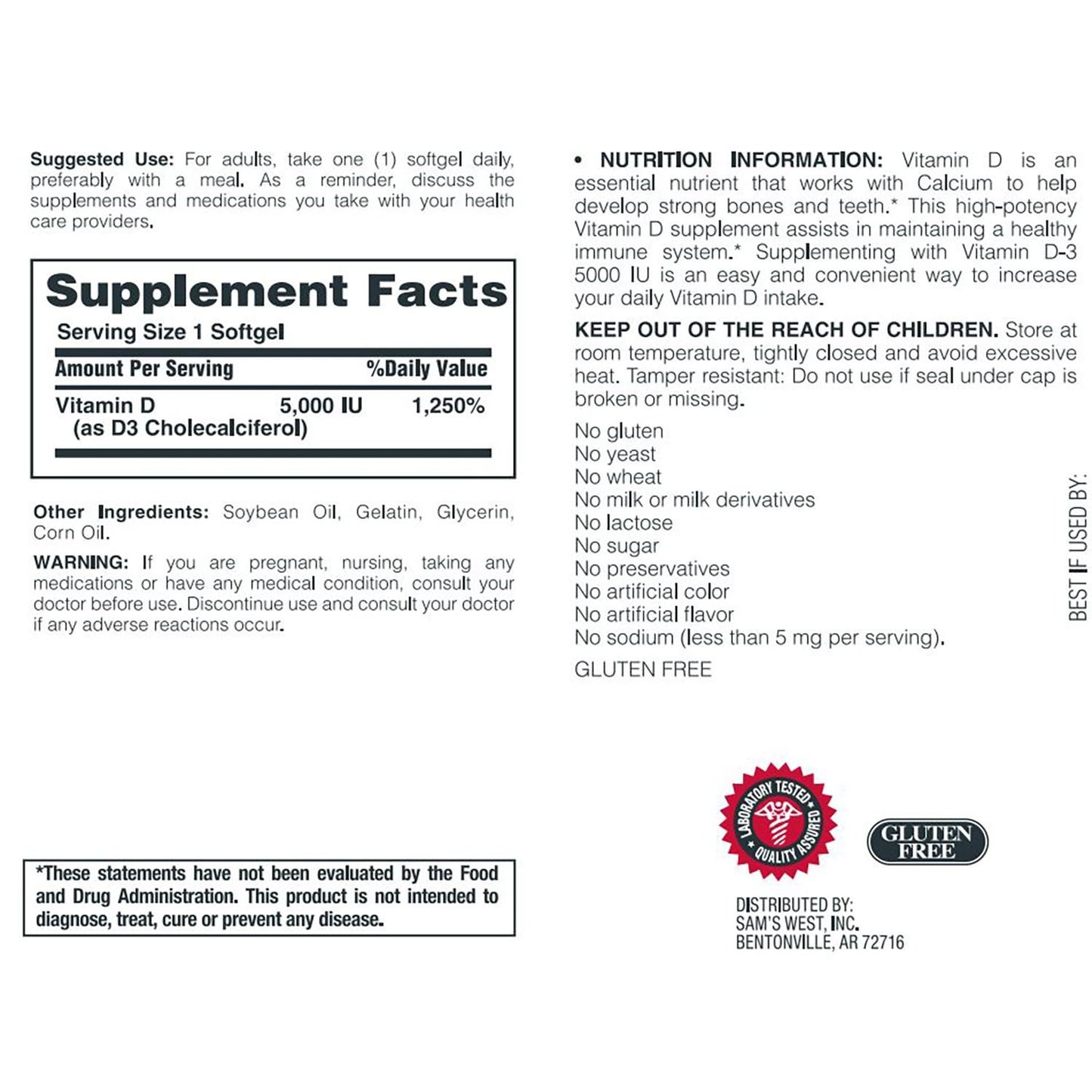 Member's Mark Vitamin D-3 5000 IU Dietary Supplement Softgels 400