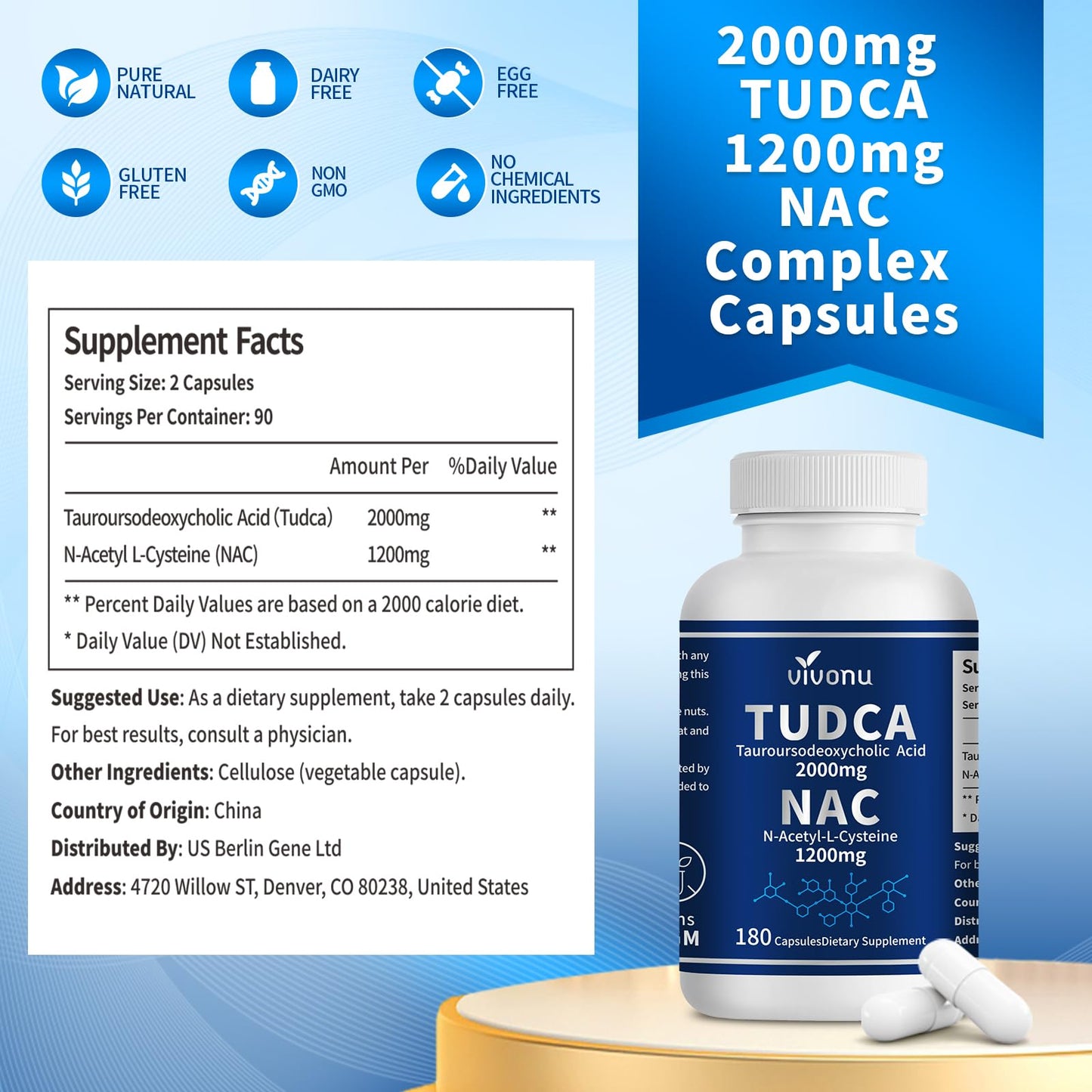 VivoNu TUDCA 2000mg + NAC 1200mg Supplement Complex Capsules, 180 Capsules