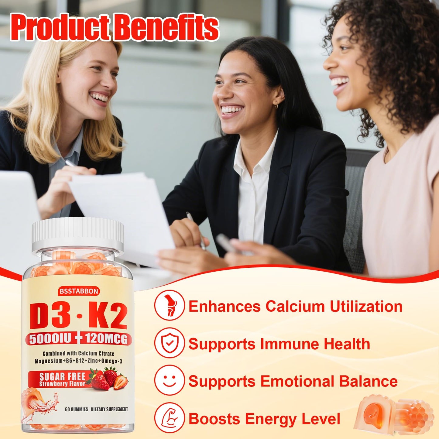 BSSTABBON Vitamin D3 K2 Gummies for Women, 120 Count