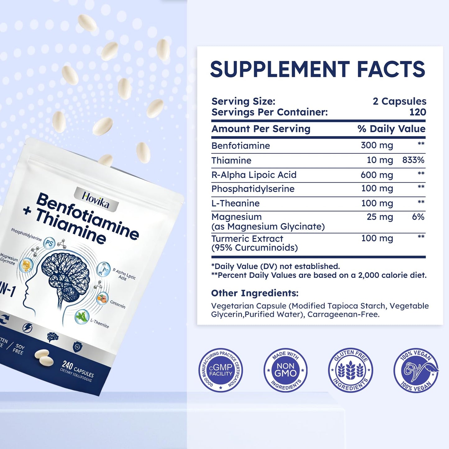 Hovika Vitamin B1 Benfotiamine 300mg with R-ALA 600mg & Thiamine - Advanced Nerve Support Supplement with Phosphatidylserine, L-Theanine, Turmeric & Magnesium - Non-GMO, Gluten Free, 240 Softgels