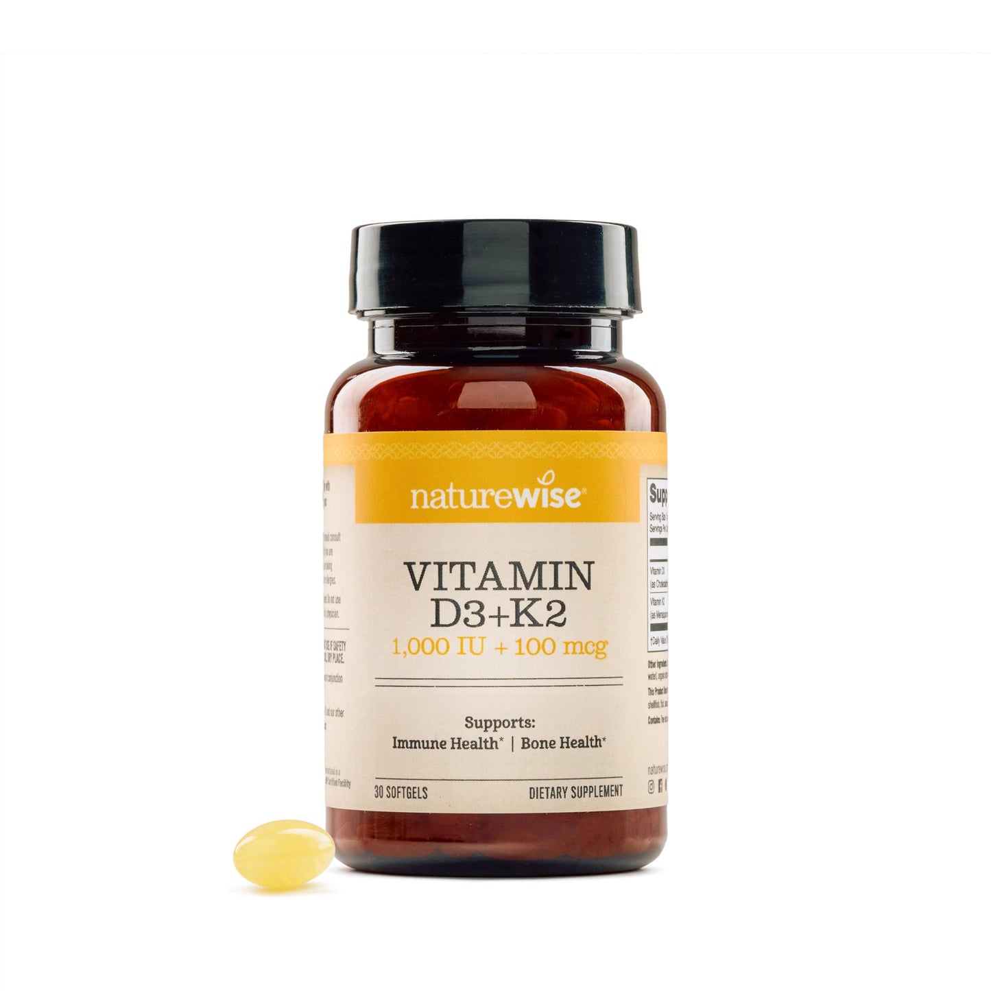 NatureWise Vitamin D3 1000IU + K2 MK-7 100mcg Supplement Softgels, 30 Count