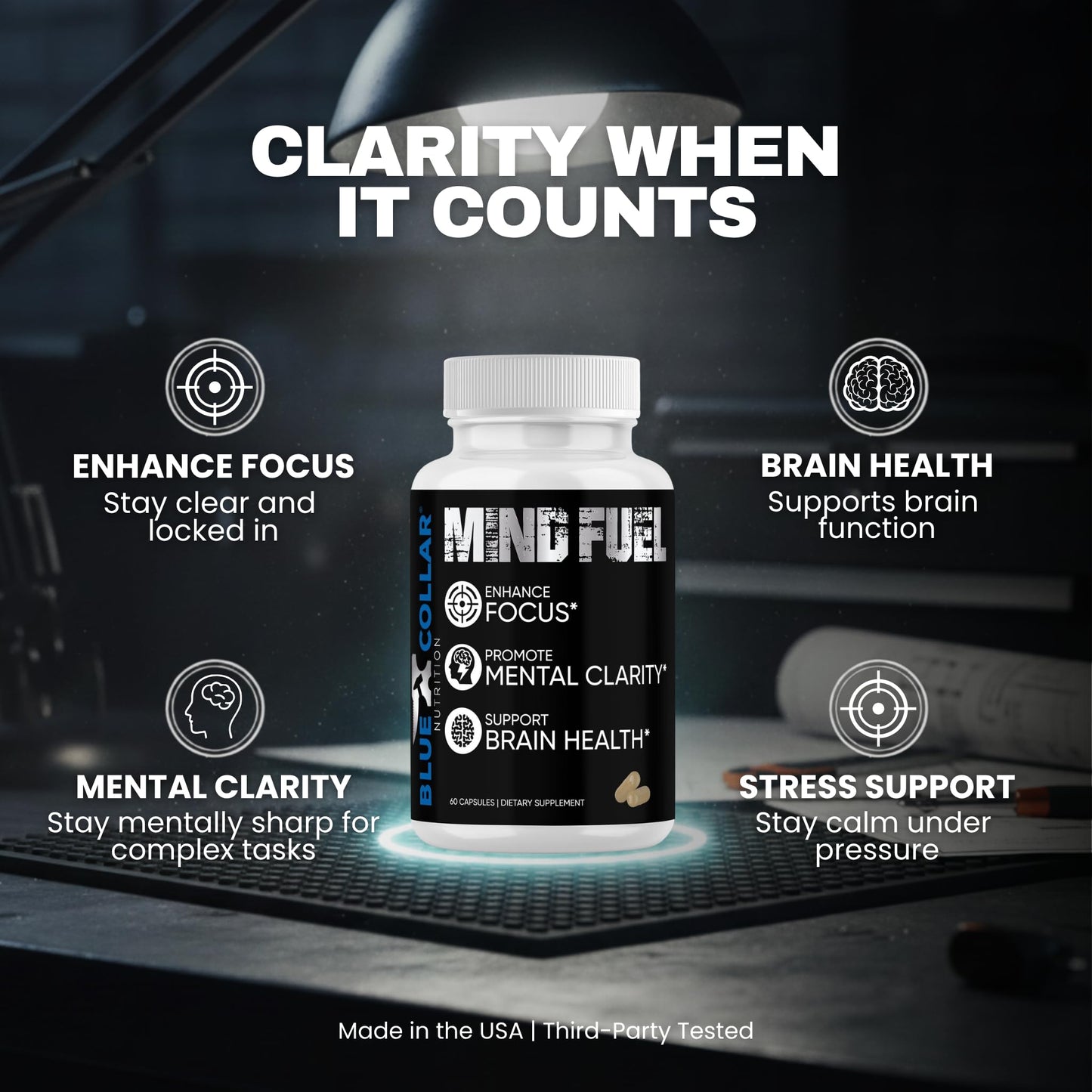 BLUE COLLAR NUTRITION Mind Fuel Brain Supplements for Memory and Focus 60 Capsules