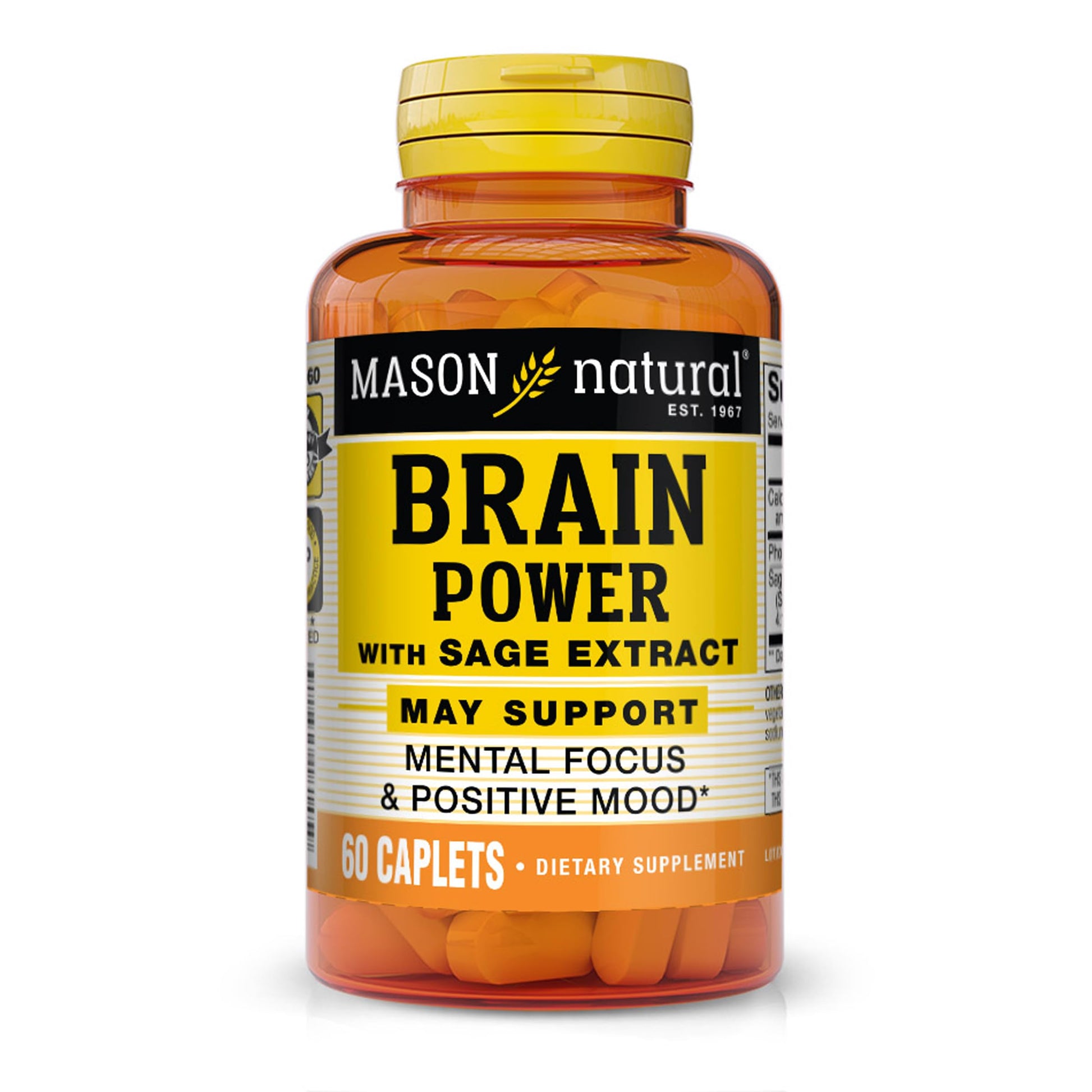 Mason Natural Brain Power with Sage Extract & Calcium Daily Supplement for Normal Mental Focus & Mood Support Caplets 60 Count