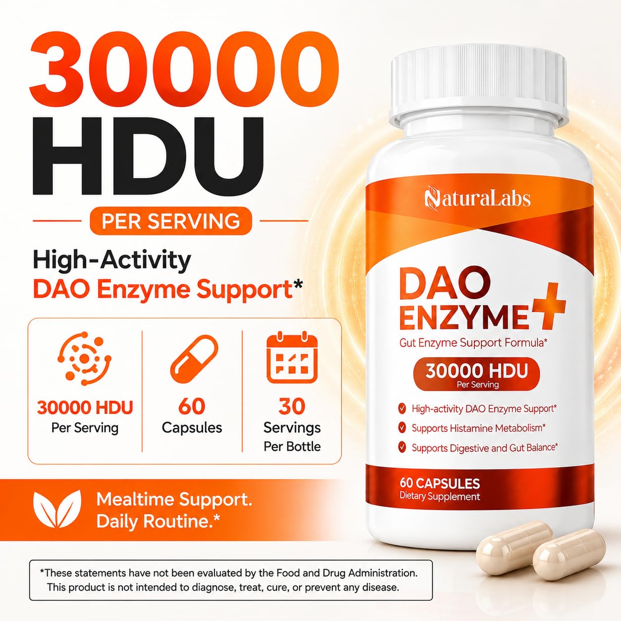 NATURALABS DAO Enzyme + Histamine Blocker - Triple-Strength 30,000 HDU Formula with Vitamin C Capsules 60 Count