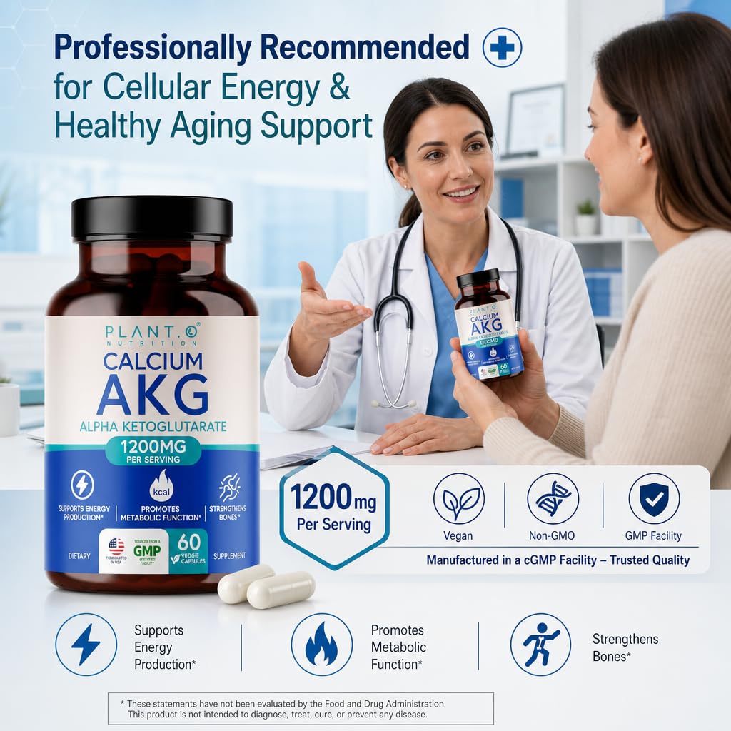 PLANT.O NUTRITION Calcium AKG (Ca-AKG) Monohydrate 1200mg Per Serving Calcium Alpha Ketoglutarate for Cellular Energy & Healthy Aging Support 60 Capsules