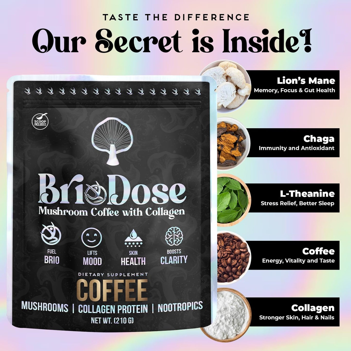Briodose Adaptogenic Mushroom Coffee with Grass-Fed Collagen & Lion's Mane, Powder, 7 oz