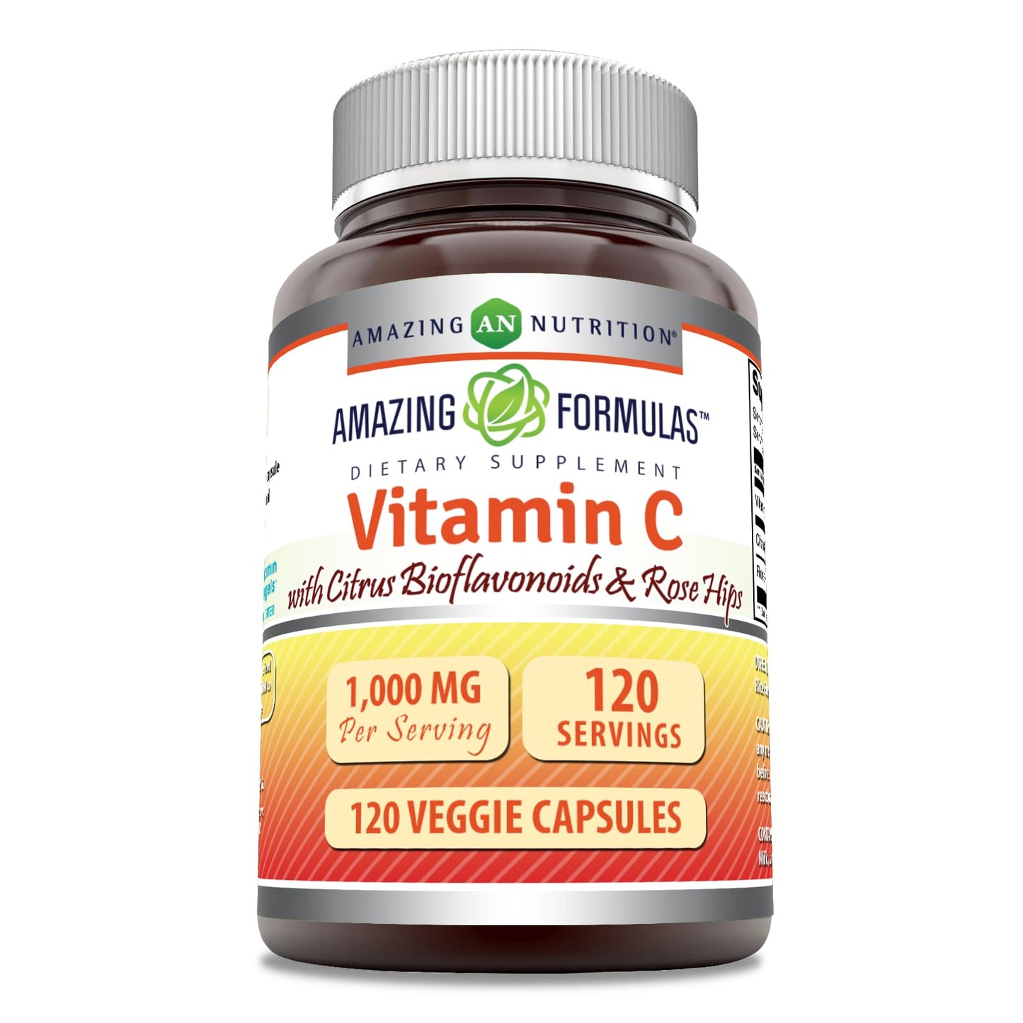 Amazing Nutrition Vitamin C (Ascorbic Acid) 1000 mg with Rose Hips & Citrus Bioflavonoids Veggie Capsules 120 Count