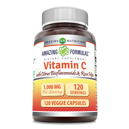 Amazing Nutrition Vitamin C (Ascorbic Acid) 1000 mg with Rose Hips & Citrus Bioflavonoids Veggie Capsules 120 Count