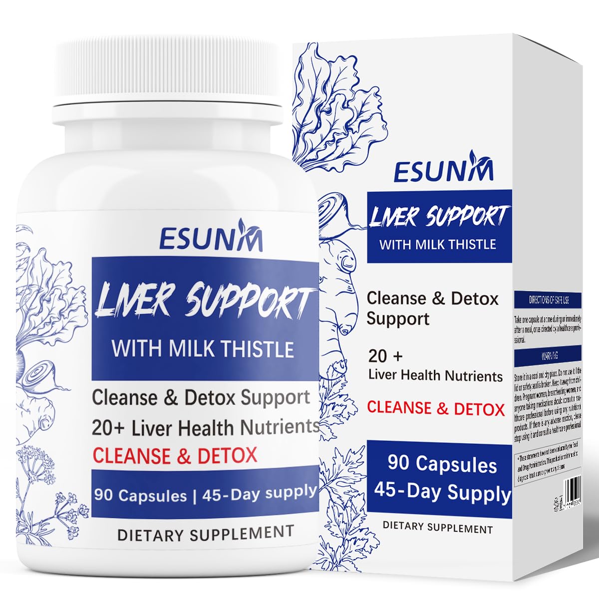 ESUNM Advanced Liver Cleanse Support Supplement – Milk Thistle Liver Detox with Silymarin, Dandelion, Artichoke, Beetroot & Choline Capsules, 60 Count