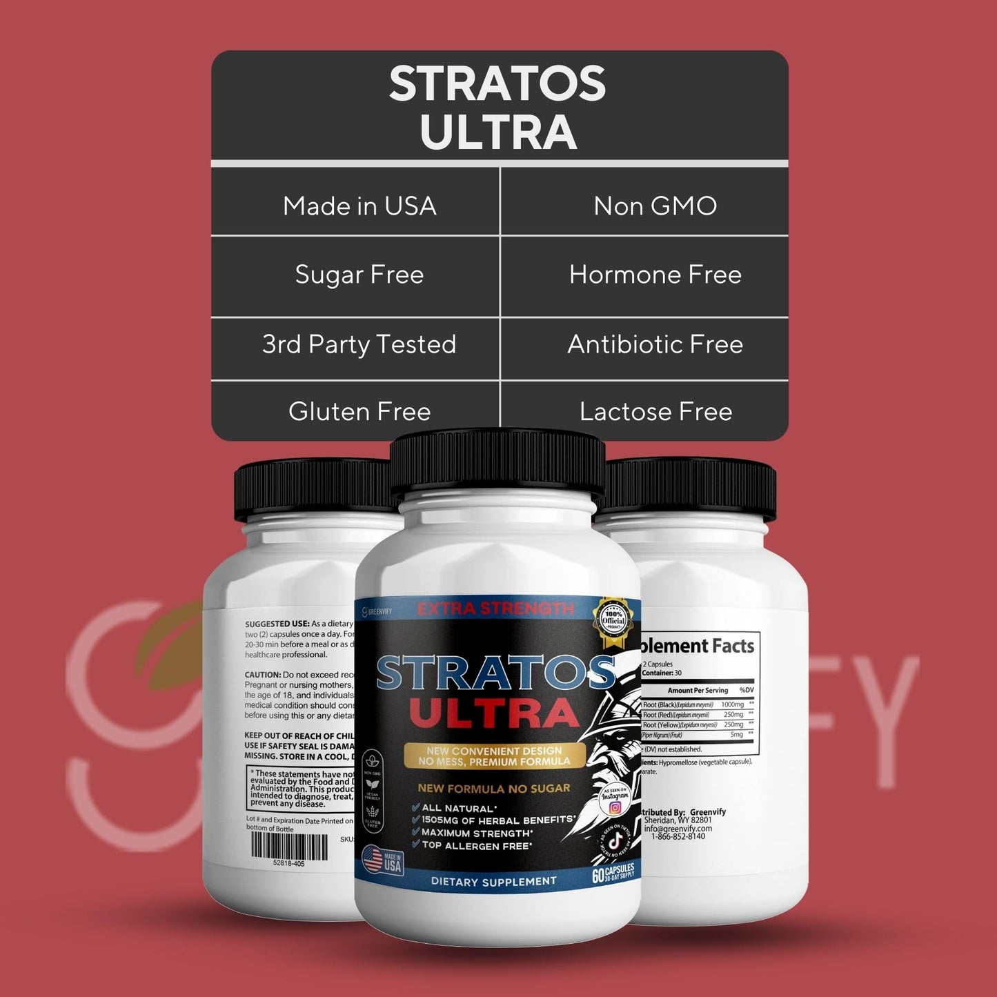 GREENVIFY Stratos Ultra Extra Strength Organic Maca Root Supplement Capsules, 60 Count
