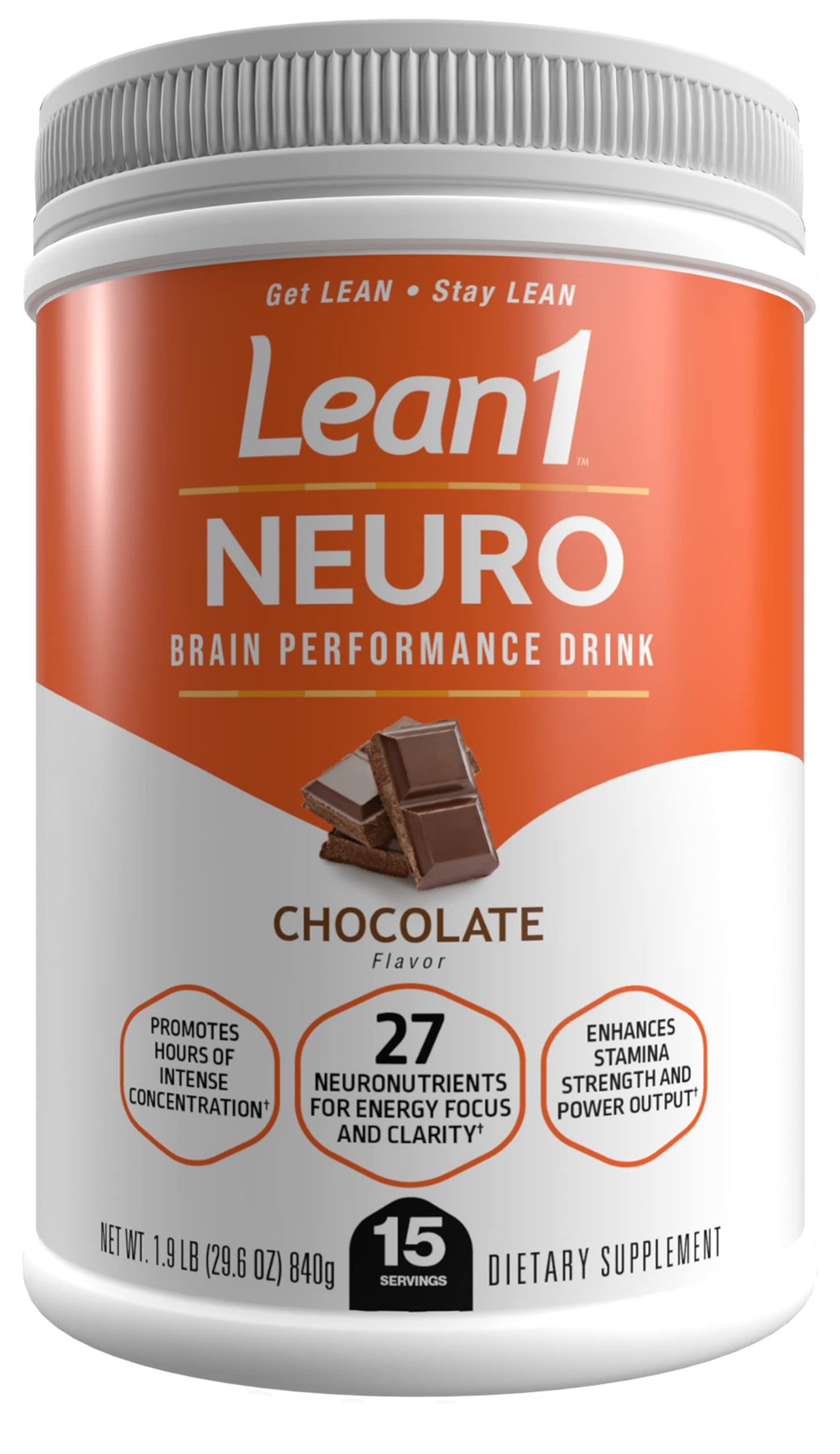 LEAN1 Neuro Chocolate, Mental Energy Drink Powder, 29.6