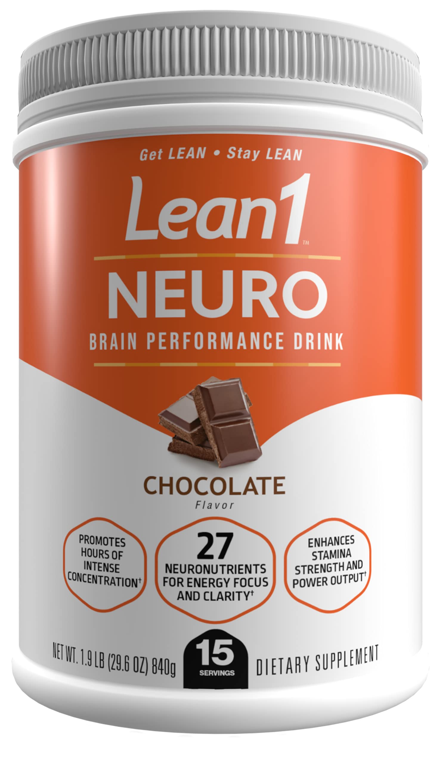 LEAN1 Neuro Chocolate, Mental Energy Drink Powder, 29.6