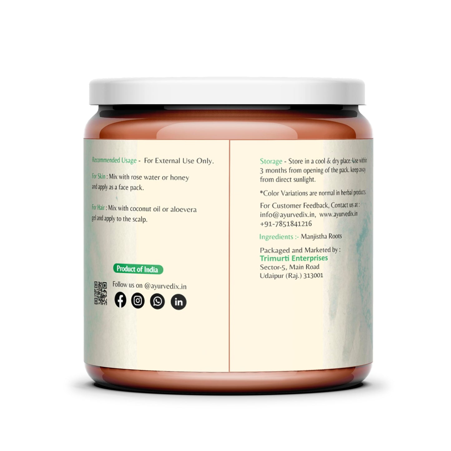ayurvedix Organic Manjistha Powder (Rubia Cordifolia), 100 g (Pack of 3)