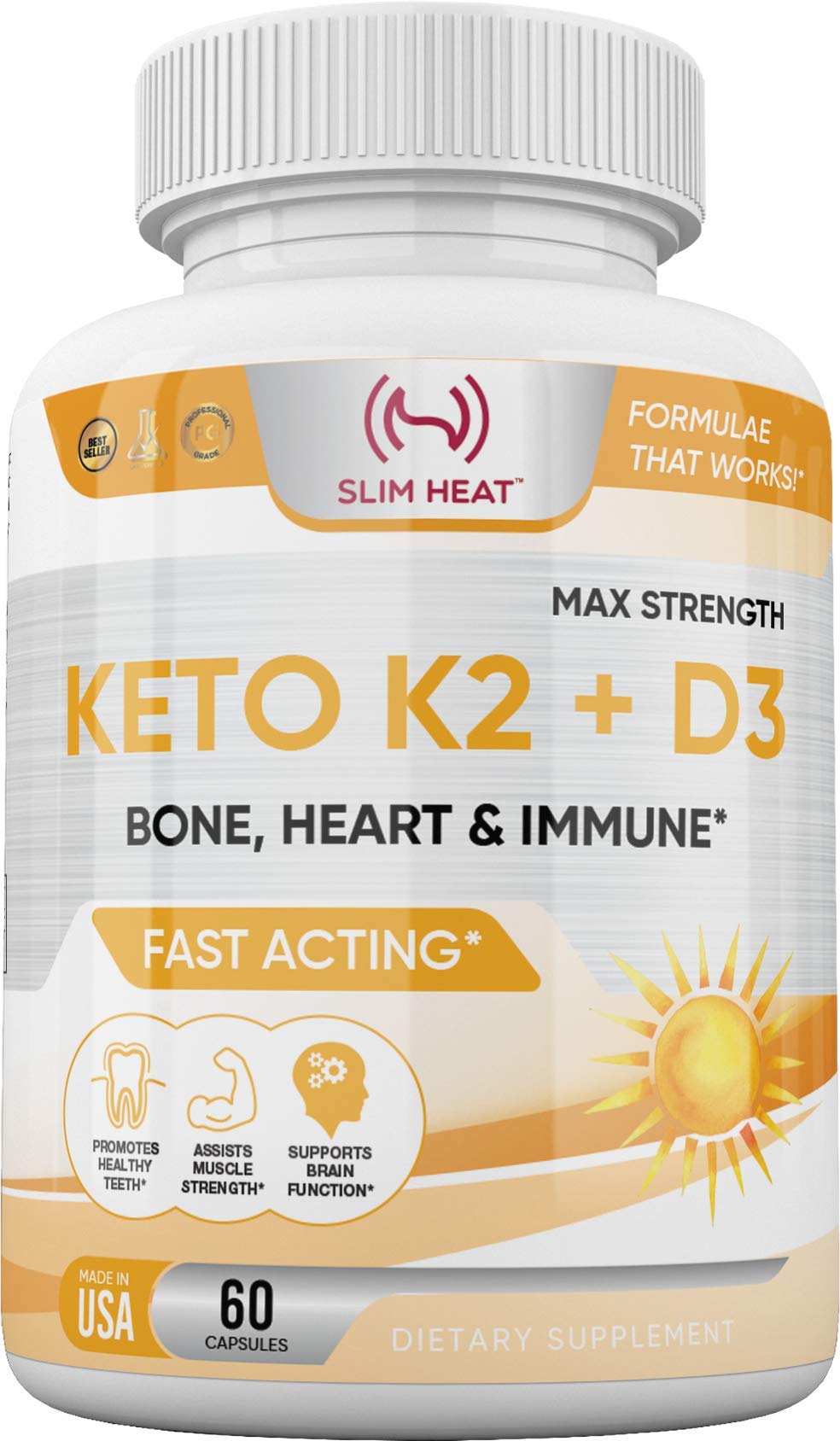 Slim Heat Vitamin K2 + D3 with Calcium - Bone, Heart and Immune Formula - K2 D3 Vitamin Supplement for Women and Men, 60 Capsules