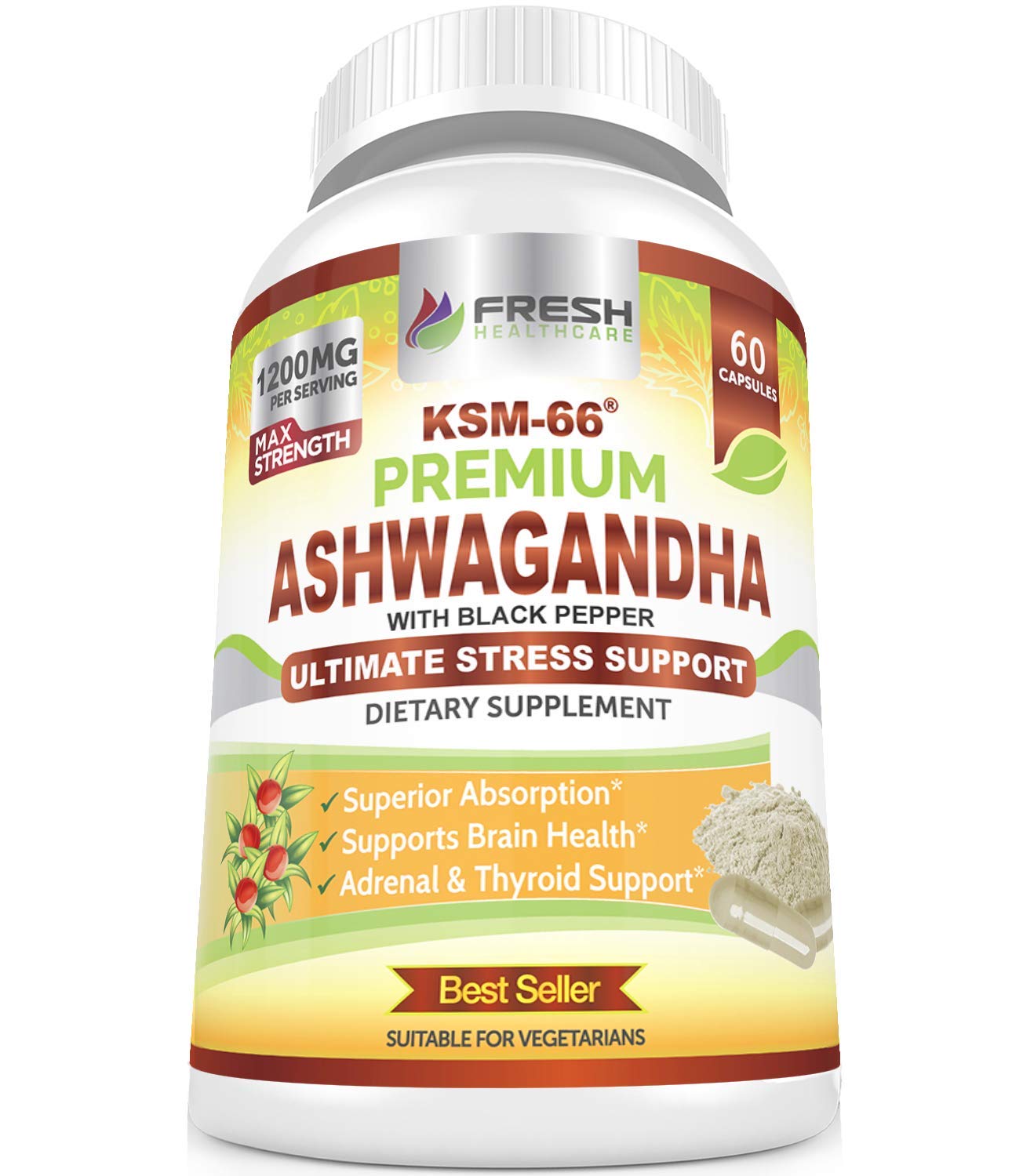 FRESH HEALTHCARE Ashwagandha KSM-66 1200mg Capsule with Black Pepper, 60 Capsules