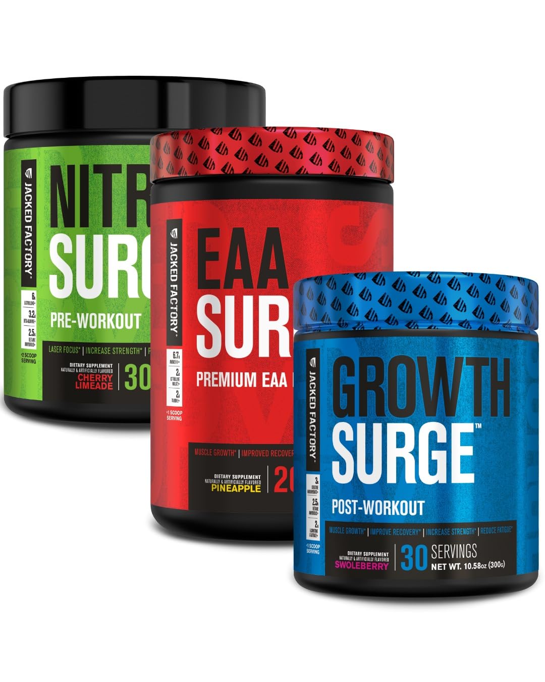 Jacked Factory Nitrosurge Pre Workout, EAA Surge Essential Amino Acids, Growth Surge Post Workout Muscle Builder Bundle Powder 5