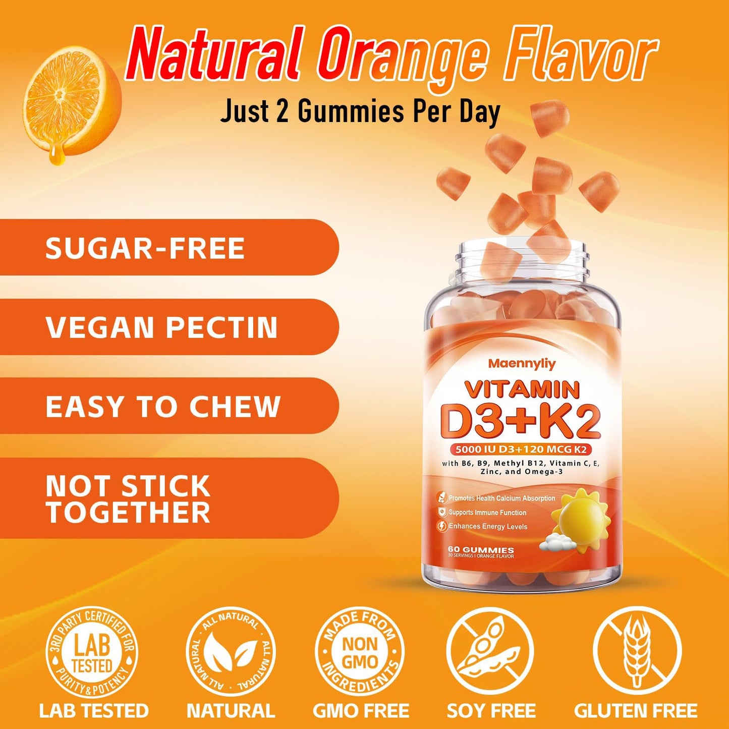 Maennyliy Vitamin D3 K2 Gummies for Adults D3 5000IU + K2 (MK-7) 120mcg, 120 Gummies