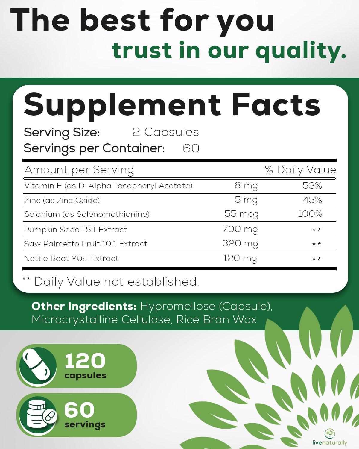 livenaturally Prostate Health Supplement for Men, Advanced Formula with Saw Palmetto, Pumpkin Seed, Stinging Nettle Root, Zinc, Selenium and Vitamin E, 120 Capsules