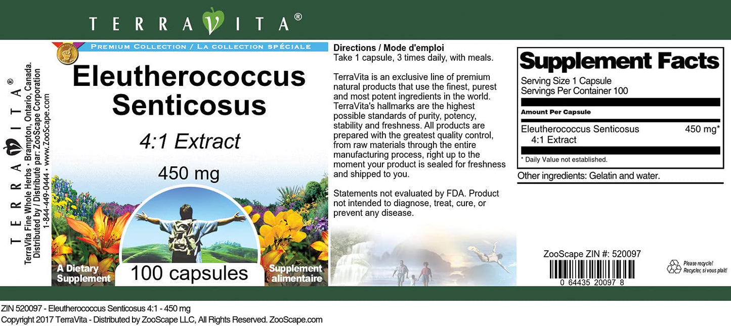 Terravita Eleutherococcus Senticosus 4:1-450 mg Capsules, 100 Capsules