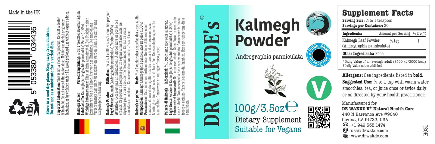 DR WAKDE's Kalmegh Powder (Andrographis panniculata) Powder 3.53 oz