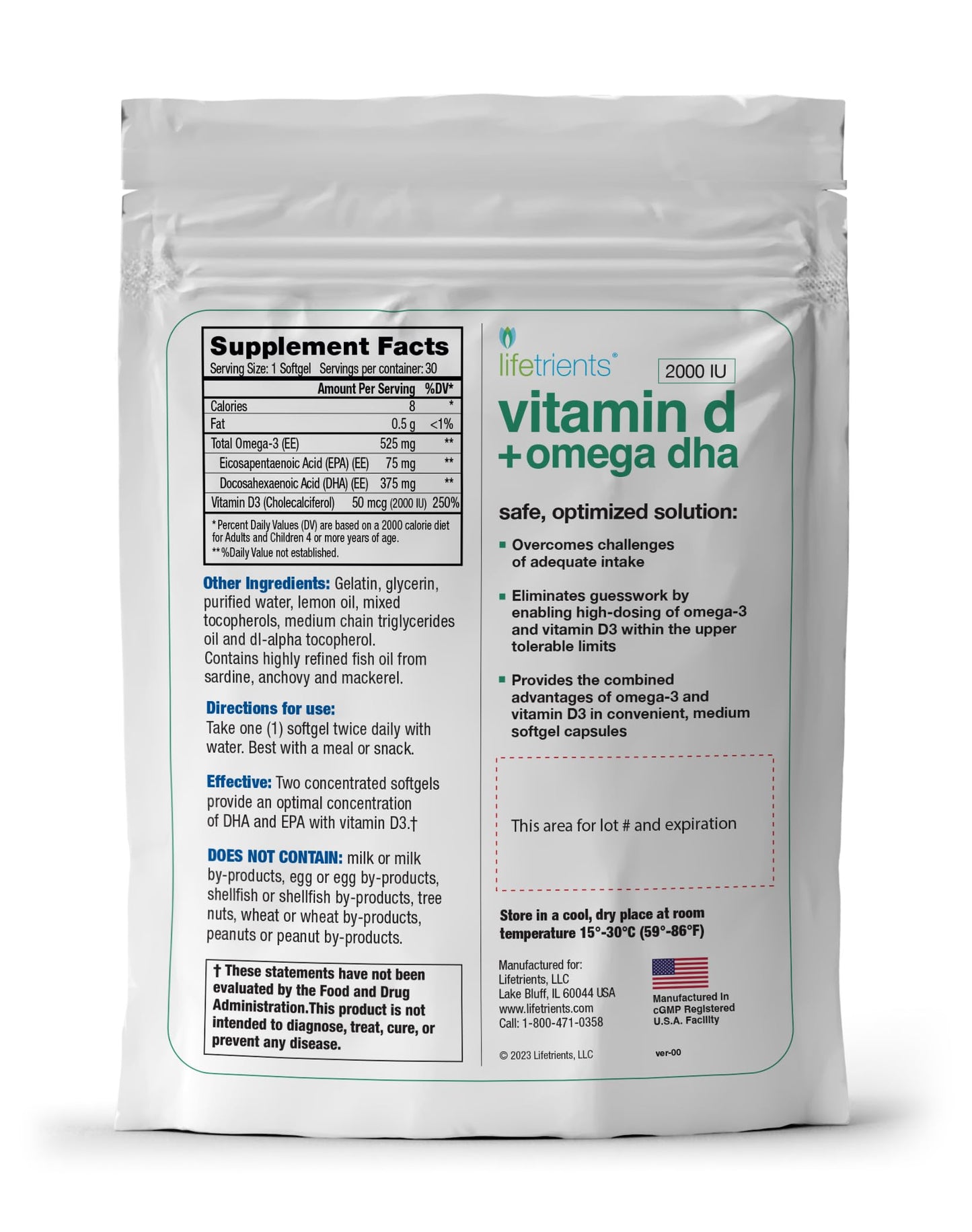 Lifetrients Omega-3 Fish Oil & Vitamin D3 Softgel Capsules, 120 Count