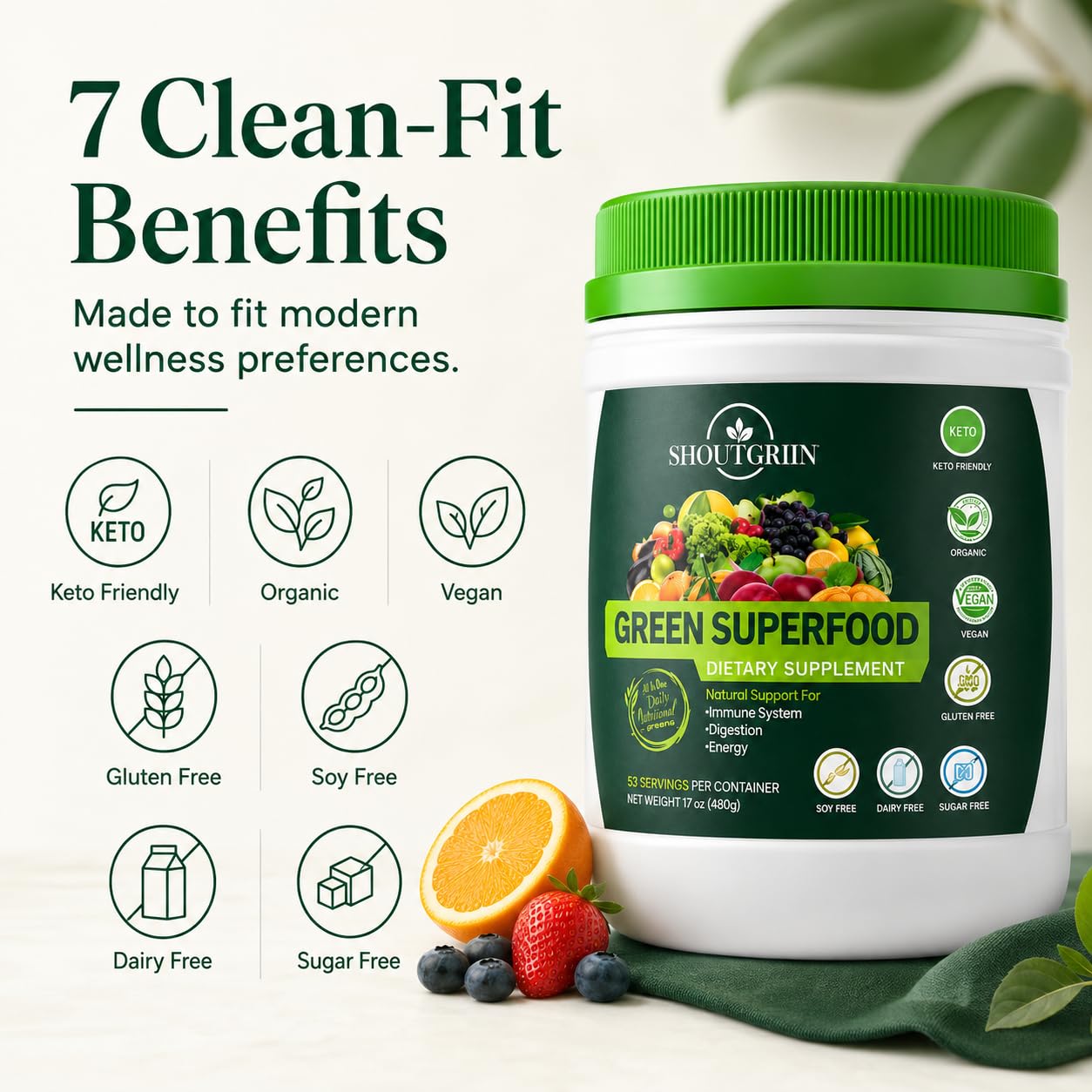 SHOUTGRIIN Green Superfood Powder 17 Ounce Pack of 1