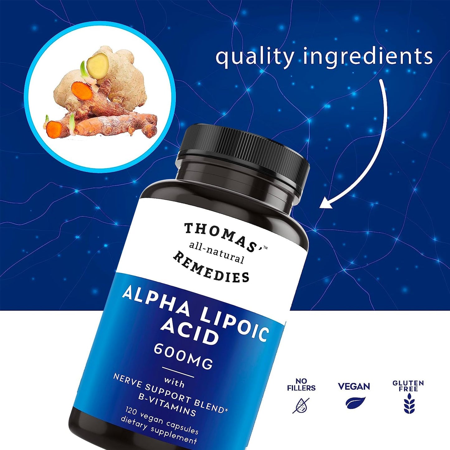 Thomas' all-natural Remedies Alpha Lipoic Acid Supplement 600mg Capsule 120 Count