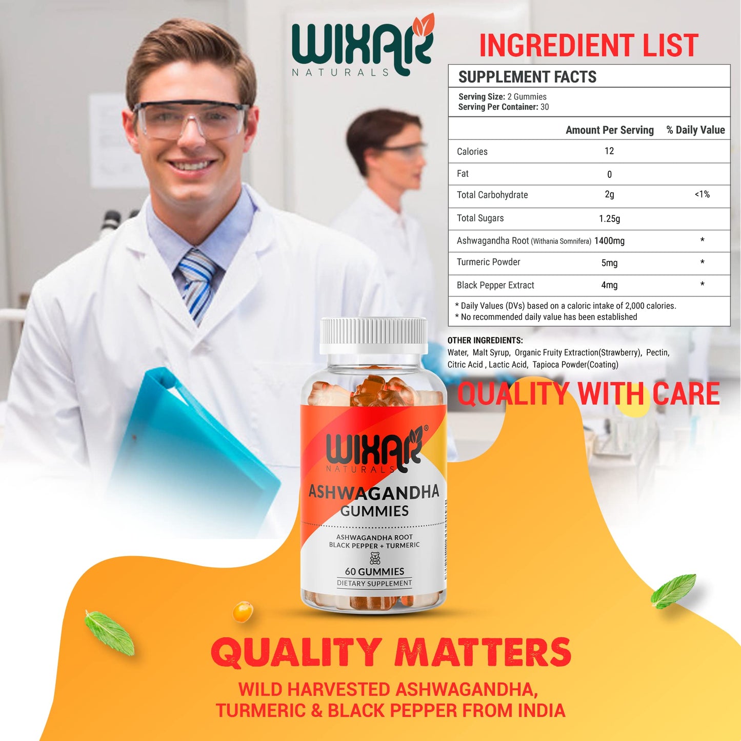 WIXAR NATURALS Ashwagandha Gummies with Turmeric and Black Pepper Extract - Herbal Gummy Supplement, 60 Gummies
