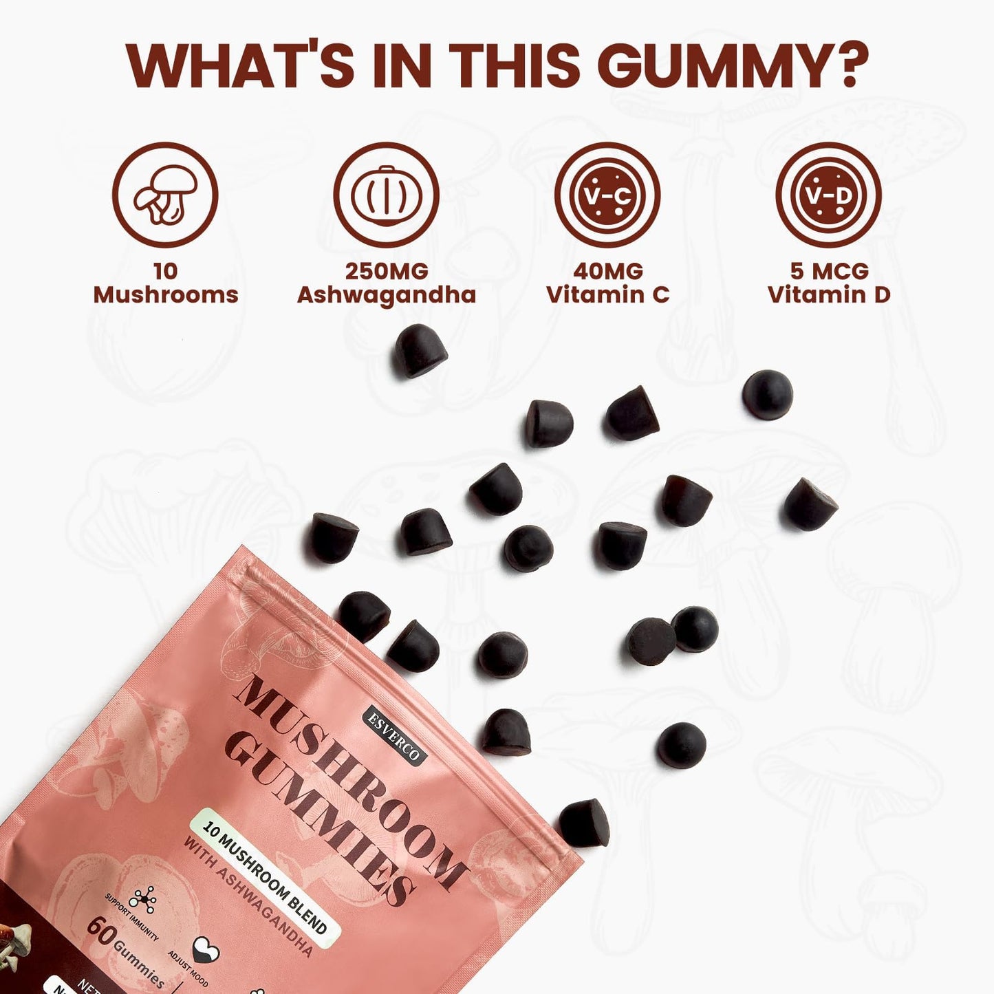 esverco Lions Mane Mushroom Gummies with Ashwagandha 120 Count