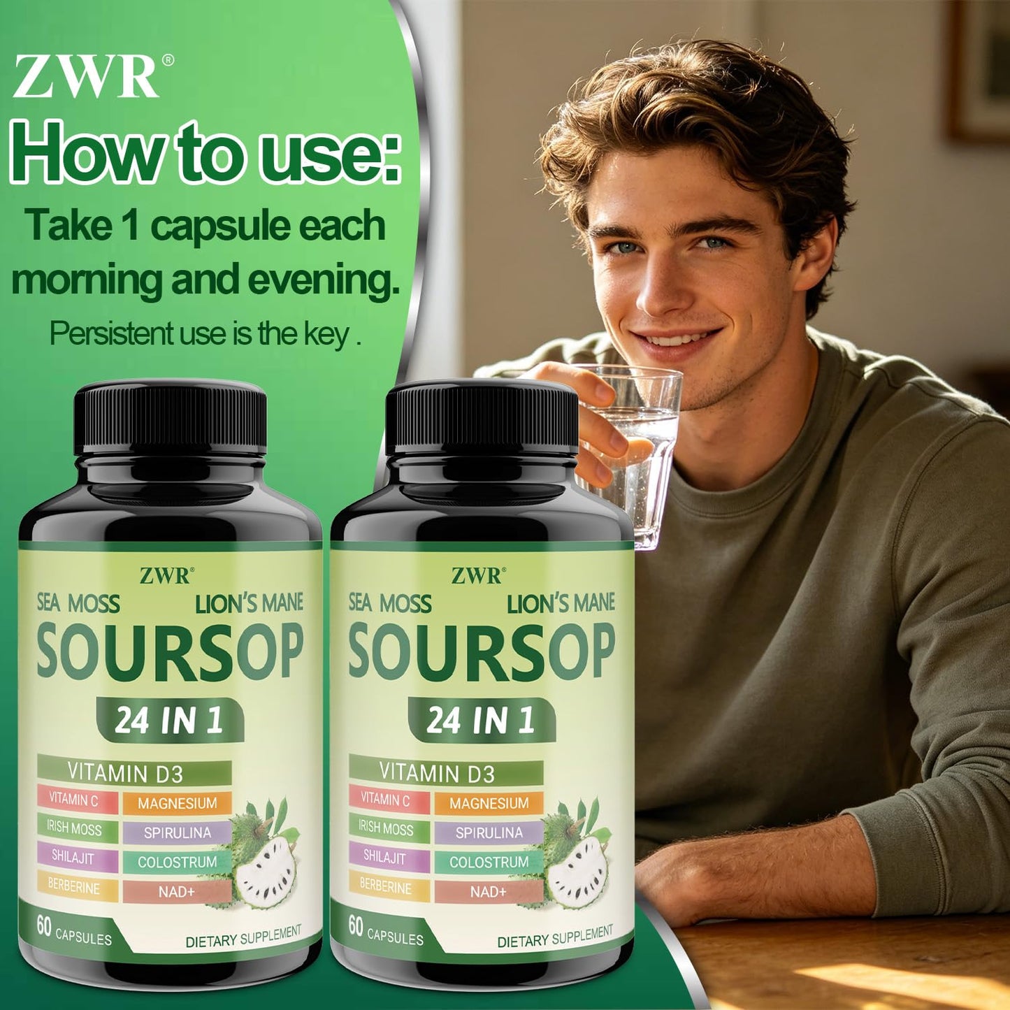 ZWR Soursop Capsules 24 in 1 with Sea Moss, Lion's Mane, Shilajit & Berberine, Soursop Graviola Supplement with Vitamin C, D3 & Magnesium, Immune & Digestive Wellness Support, 60 Capsules