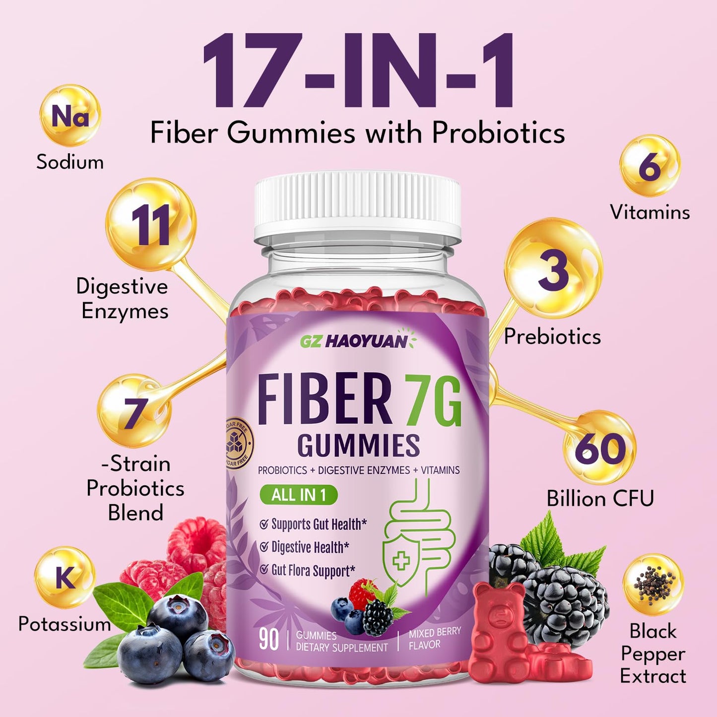 GZ HAOYUAN Fiber Gummies for Adults Sugar Free Fiber Supplement with Probiotic 60 Billion CFU & Prebiotic, Digestive Enzymes, Inulin, Psyllium, Vitamin for Gut & Digestive Health, 90 Count