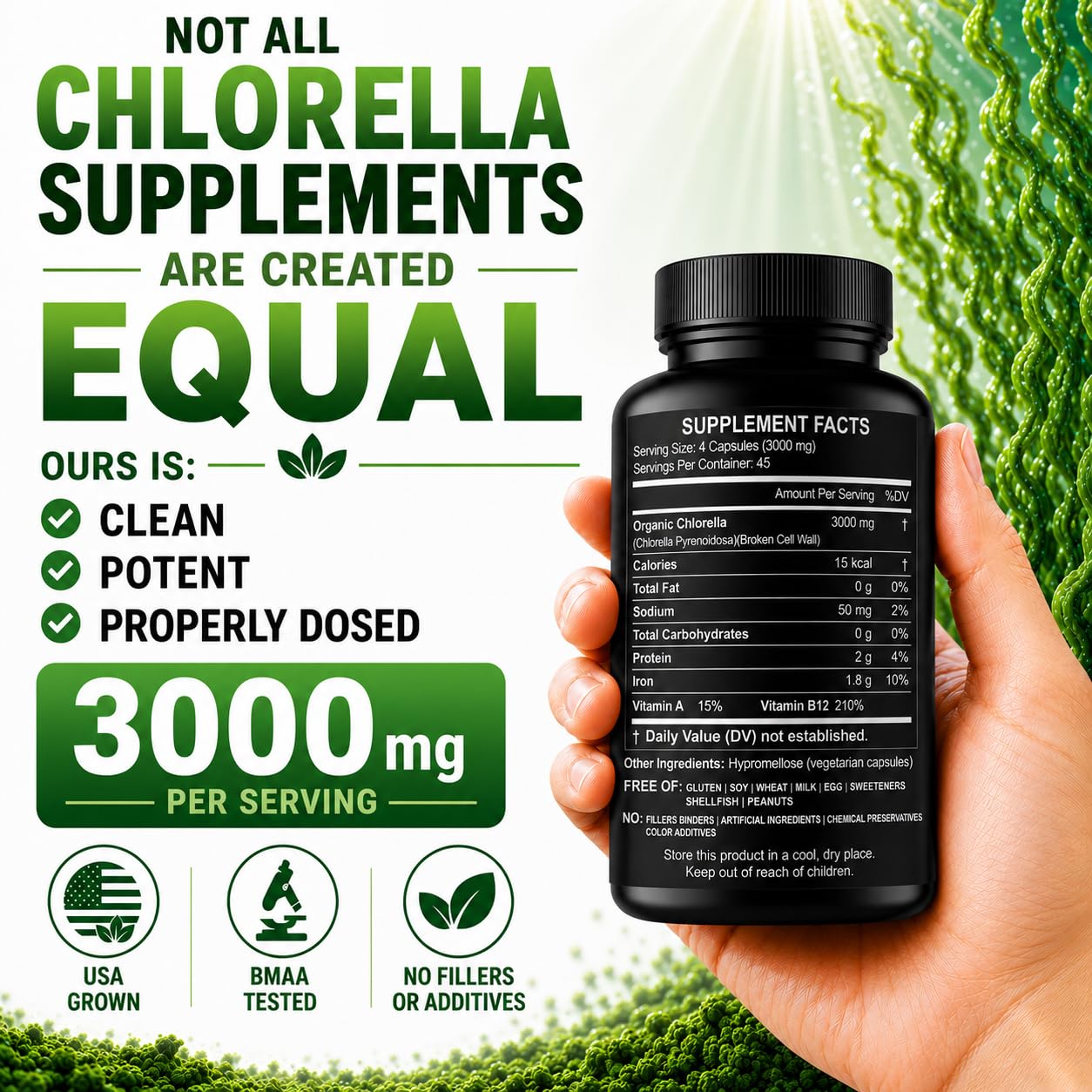 HCL HERBAL CODE LABS Chlorella 3000 mg Cracked Cell Wall Blue-Green Algae Capsule, 180 Capsules