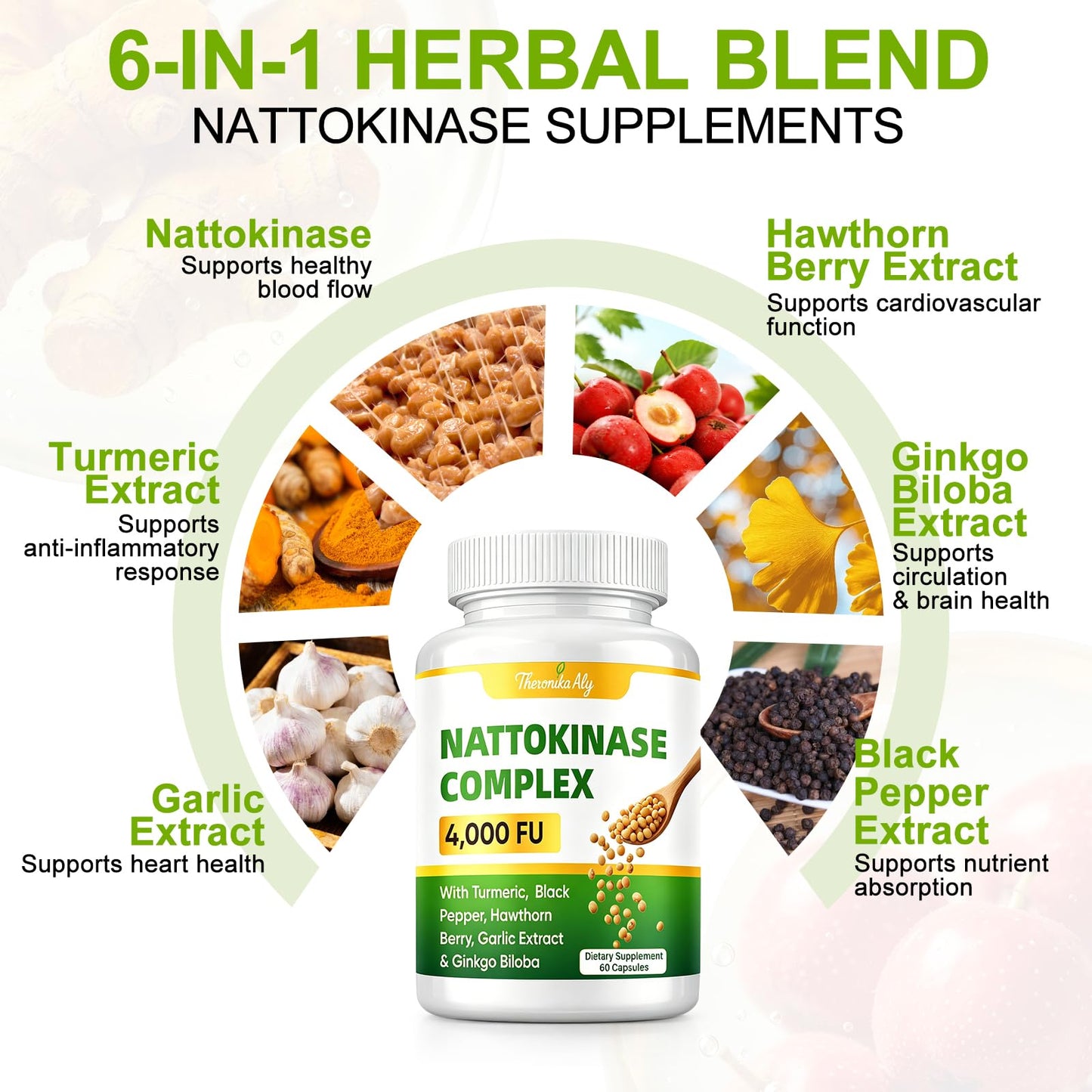 Theronika Aly Nattokinase Supplement 4000 FU with Turmeric & Black Pepper, Garlic, Ginkgo Biloba & Hawthorn Berry, Herbal Circulation Formula, High Potency Nattokinase, Non-GMO, 60 Capsules