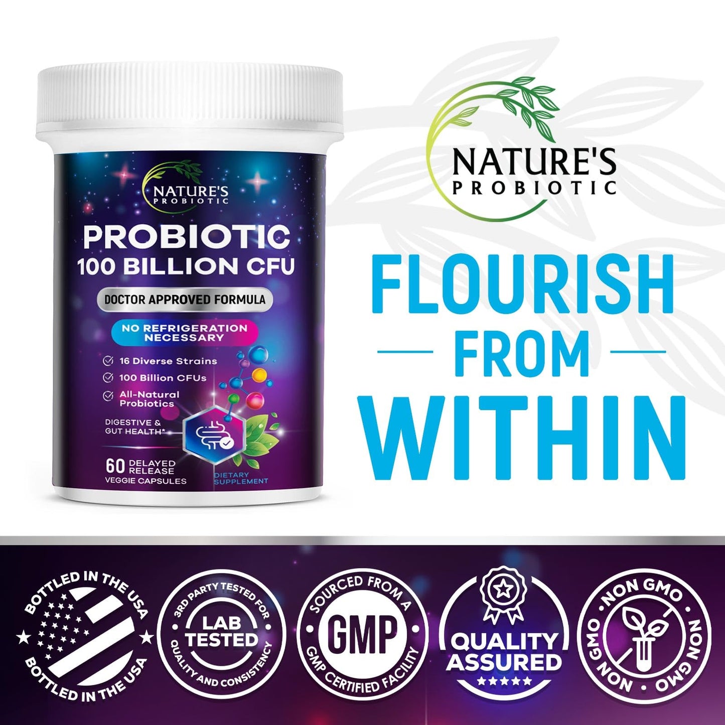 Nature's Probiotic Probiotics for Digestive Health - Probiotic Blend 100 Billion CFU Per Capsule, 16 Premium Strains & Prebiotics, 60 Capsules