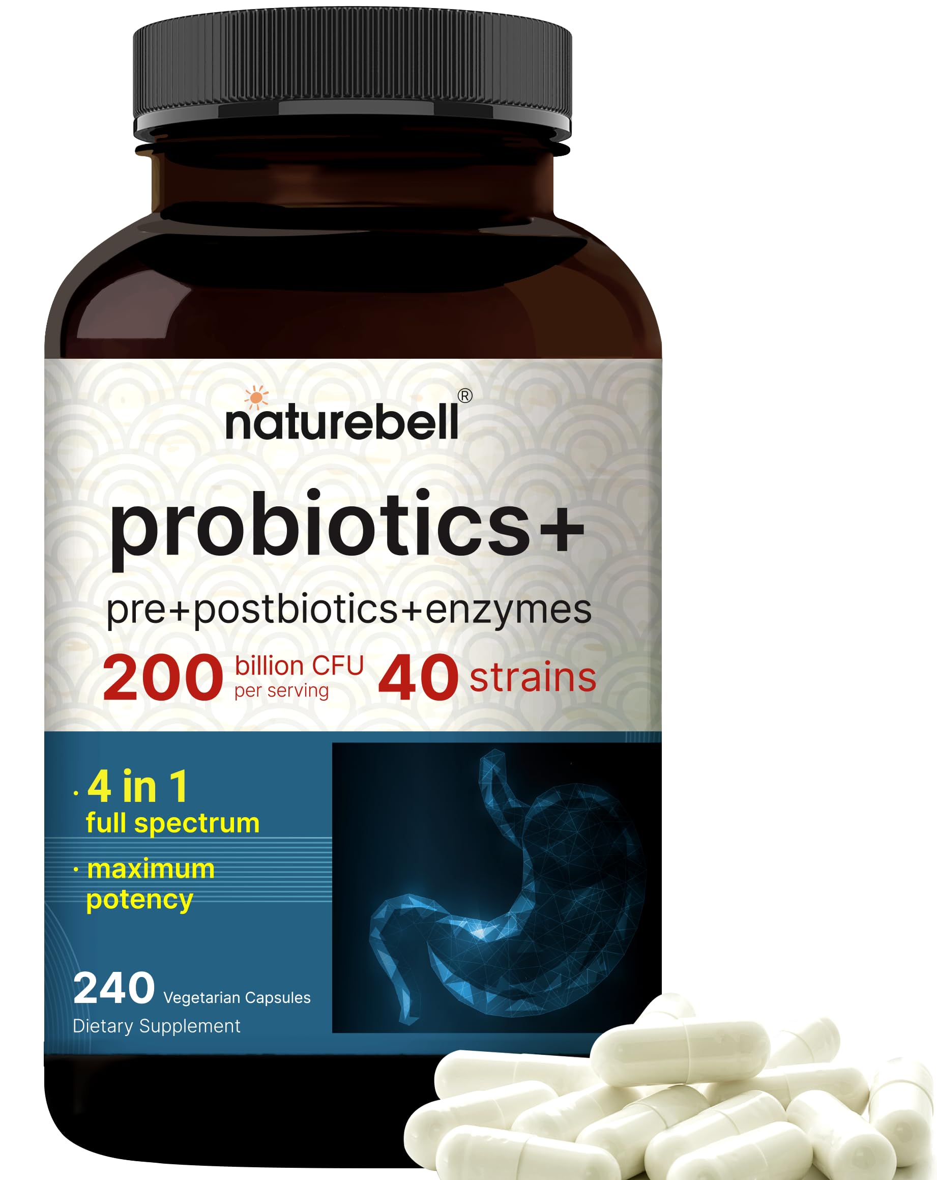 NatureBell Probiotic 200 Billion CFU – 40 Strains Per Serving, 240 Veggie Capsules