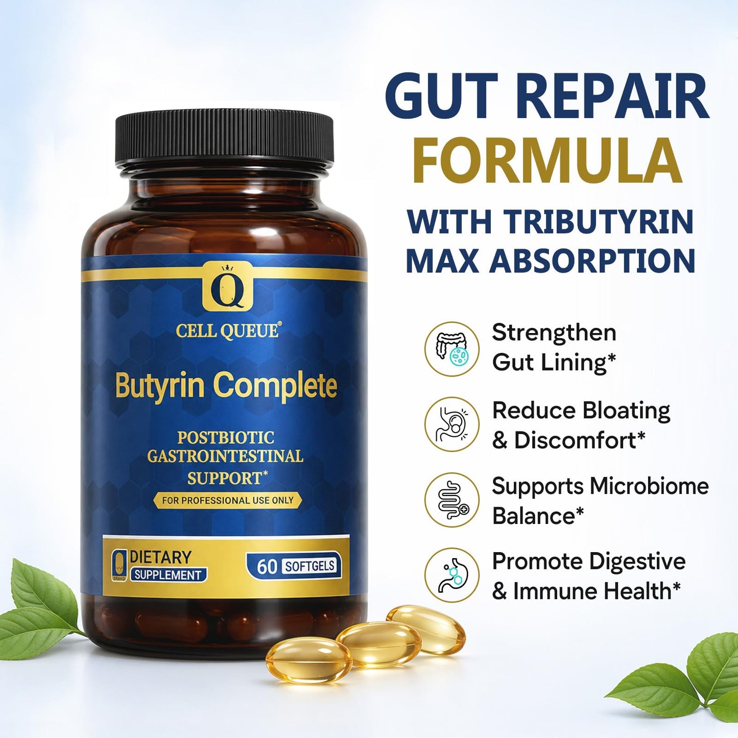 Cellqueue Butyrin Complete Butyrate Supplement with Tributyrin Softgels 60 Count