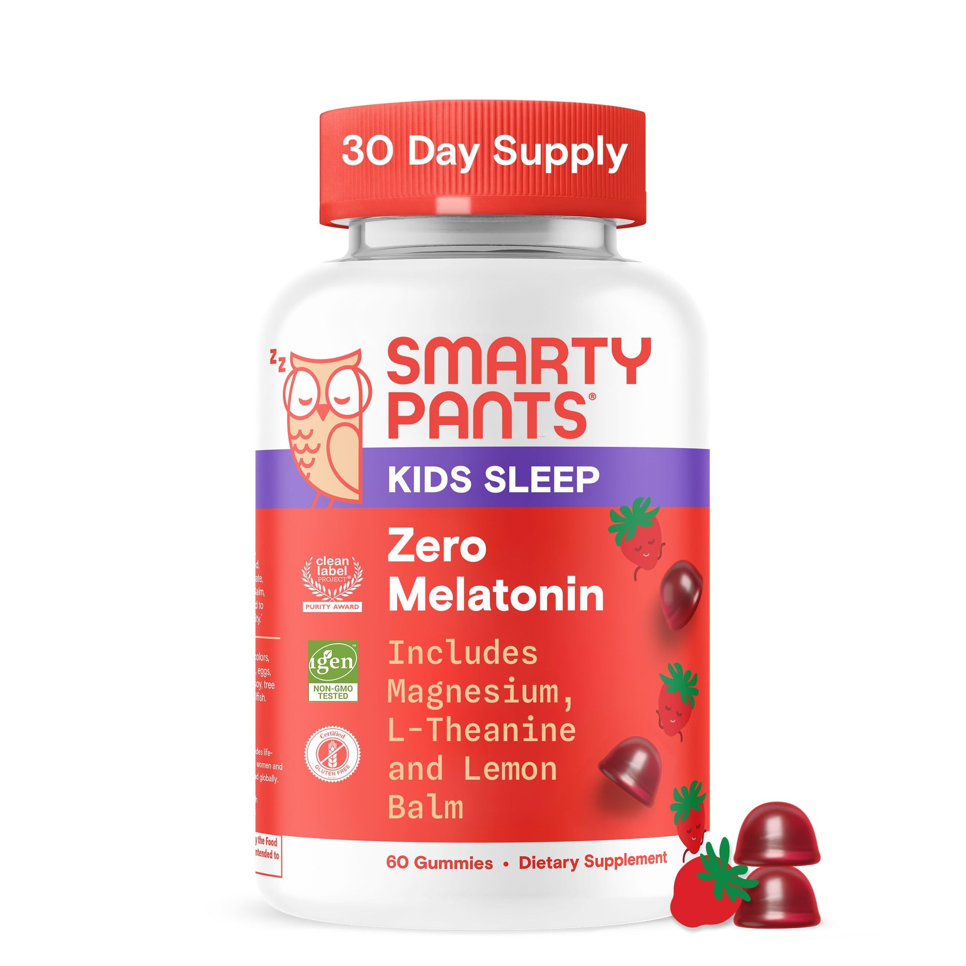 SmartyPants Kids Sleep Gummies Zero Melatonin L-Theanine, Lemon Balm & Magnesium Sleep Aid, Strawberry Flavor, 1 Count