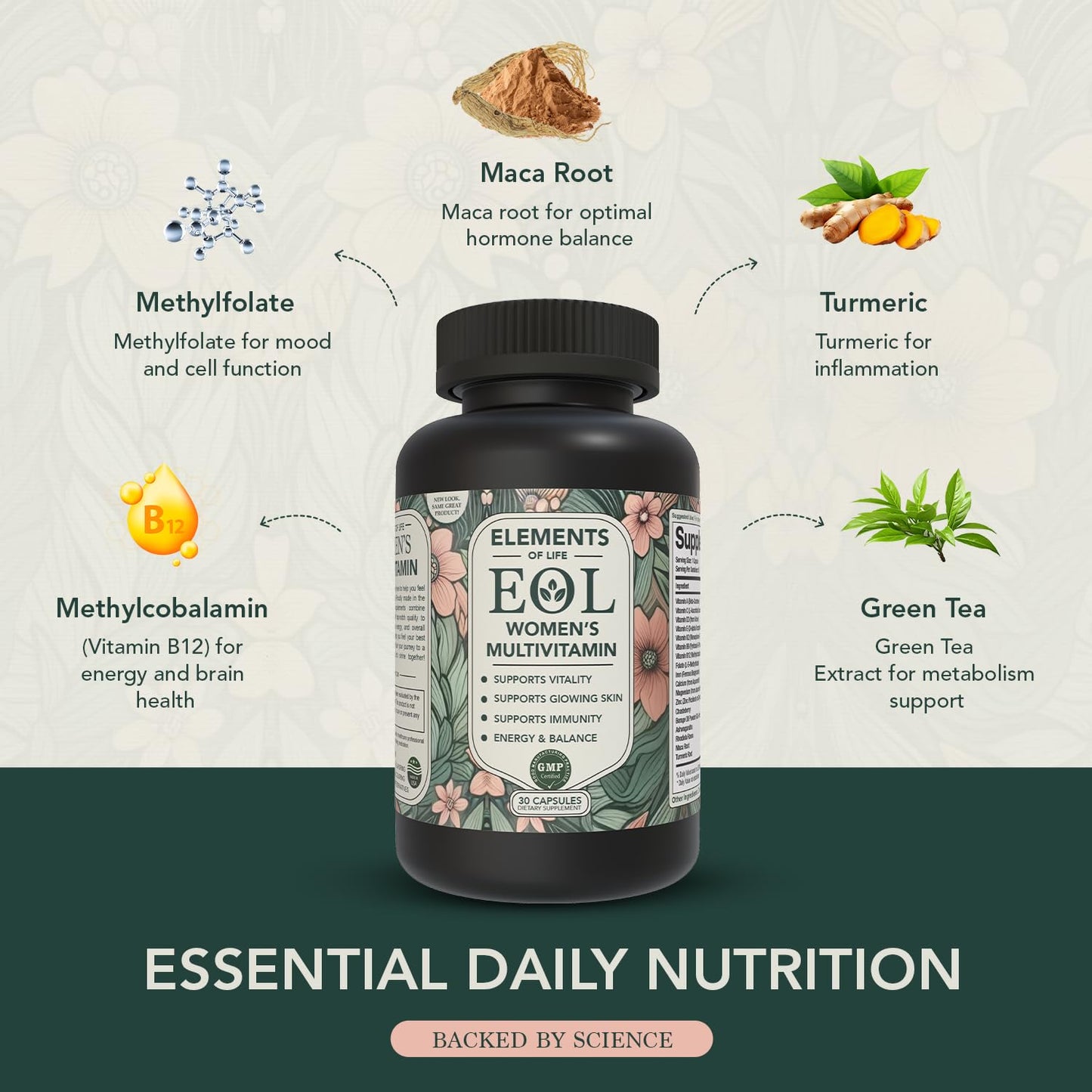 Elements of LIfe Multivitamin for Women – Daily Women’s Vitamins with MethyFolate, Organic Ingredients & Natural Supplements for Energy, Vitality & Health – Multivitamin for Women Hair & Skin Support Capsules 60