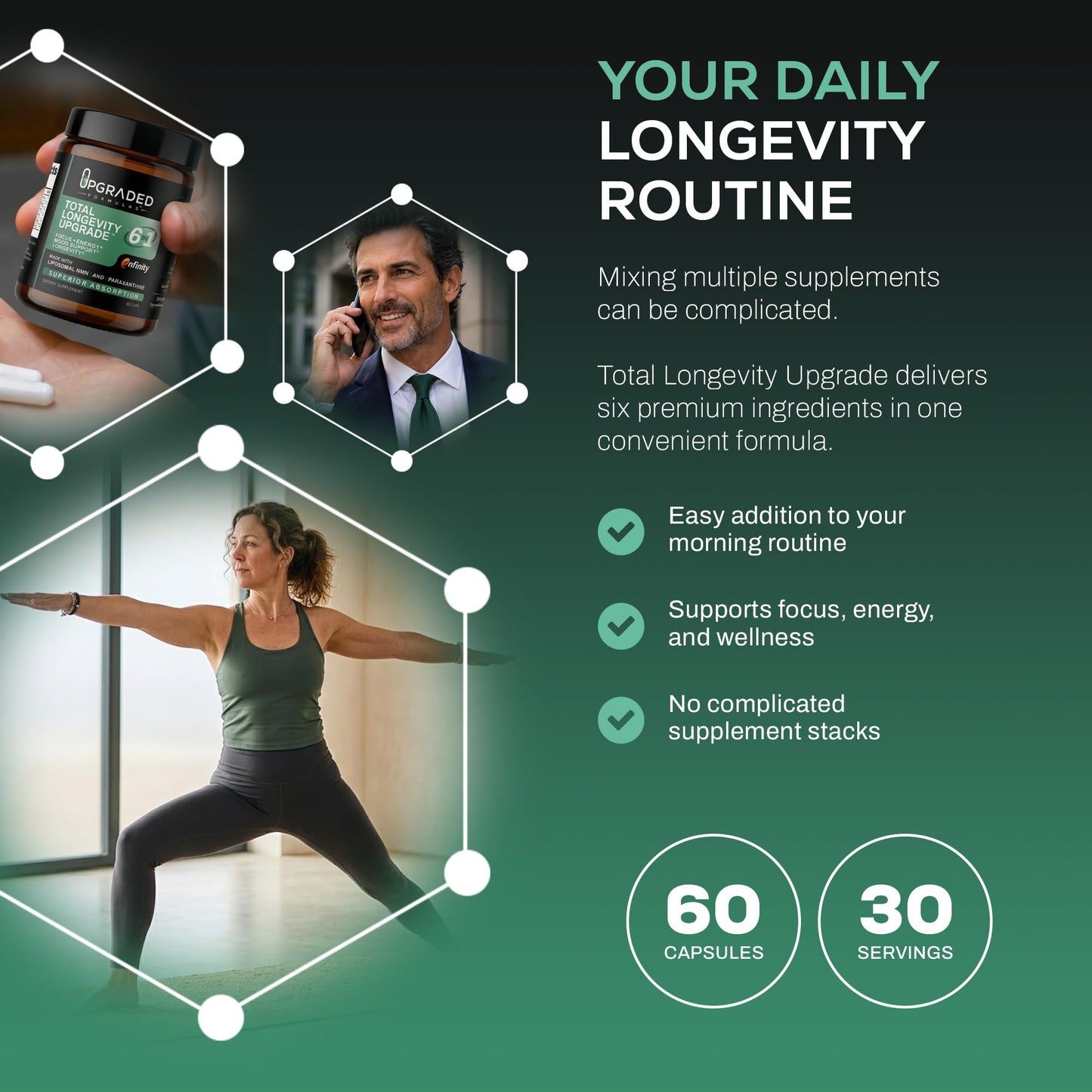 Upgraded Formulas Total Longevity Upgrade 6-in-1 NMN Supplement, 30 Capsules