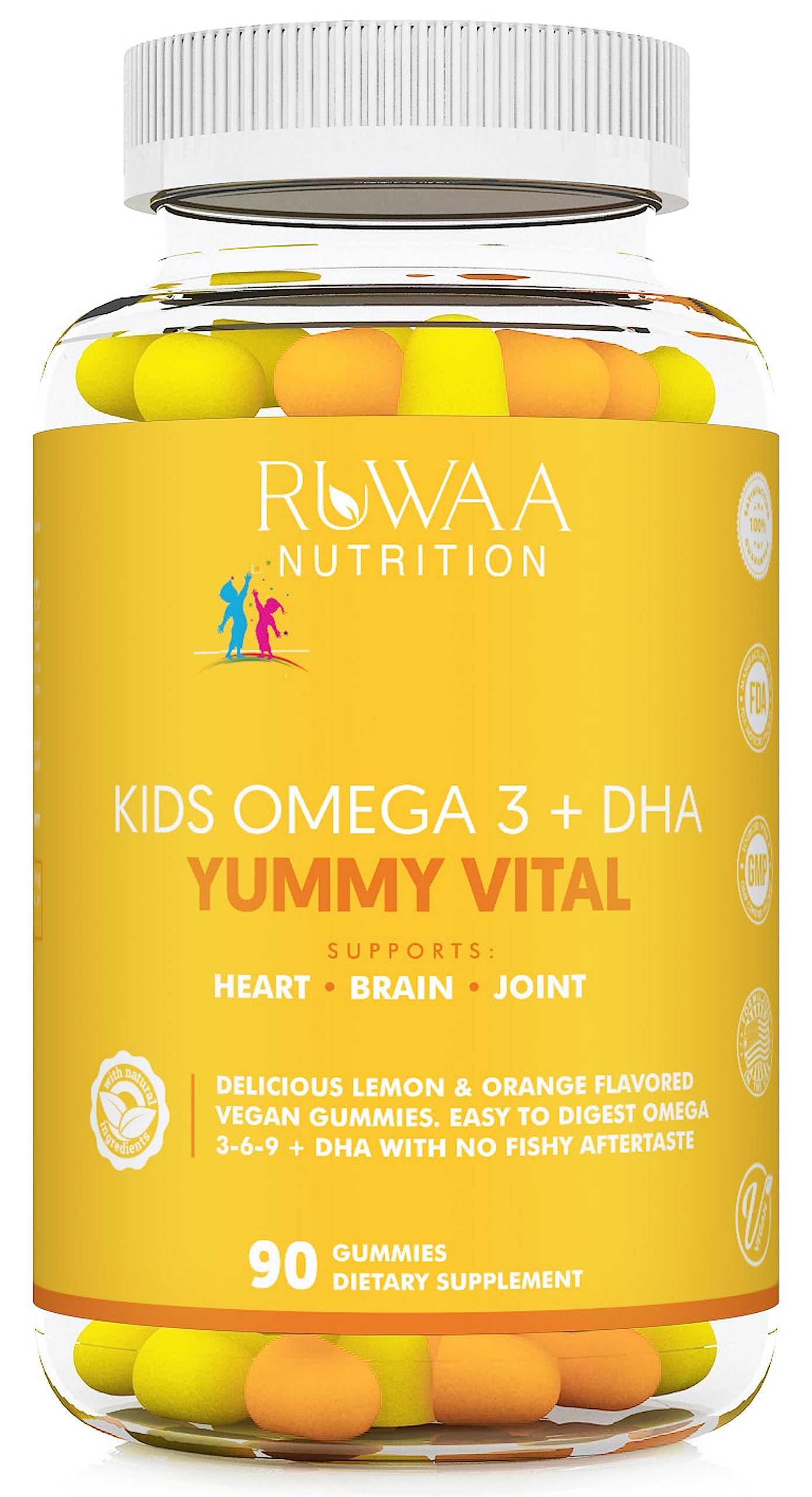 RUWAA NUTRITION Omega-3 DHA Plant-Based 3-6-9 + Vitamin C Gummies, 90 Count