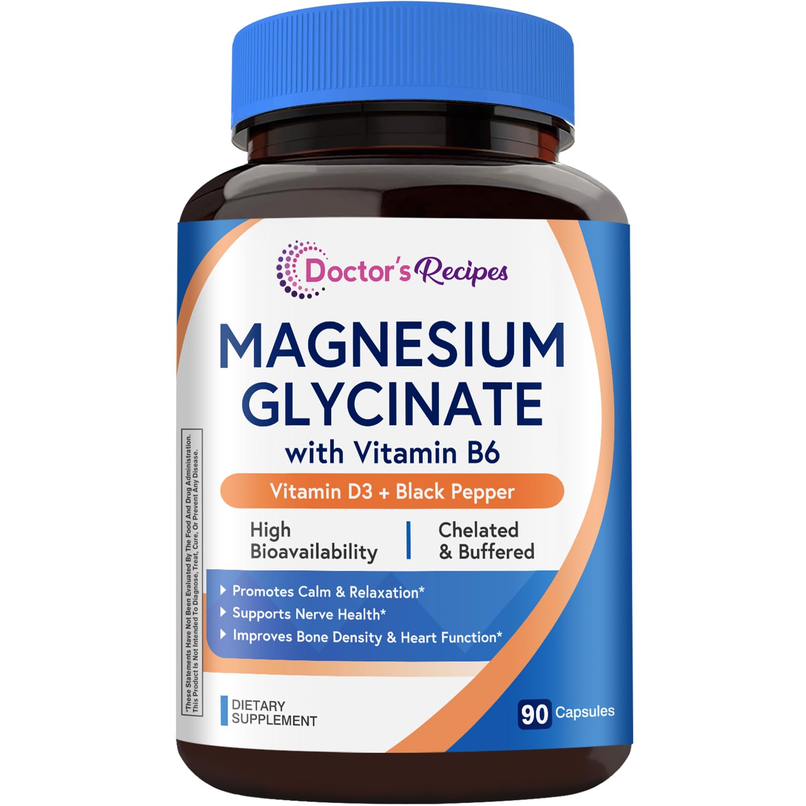 Doctor's Recipes Magnesium Glycinate 420mg with Vitamin B6 & D3 Enhanced Absorption with Black Pepper Supports Nerve, Sleep & Heart Health Non-GMO, 90 Vegan Capsules