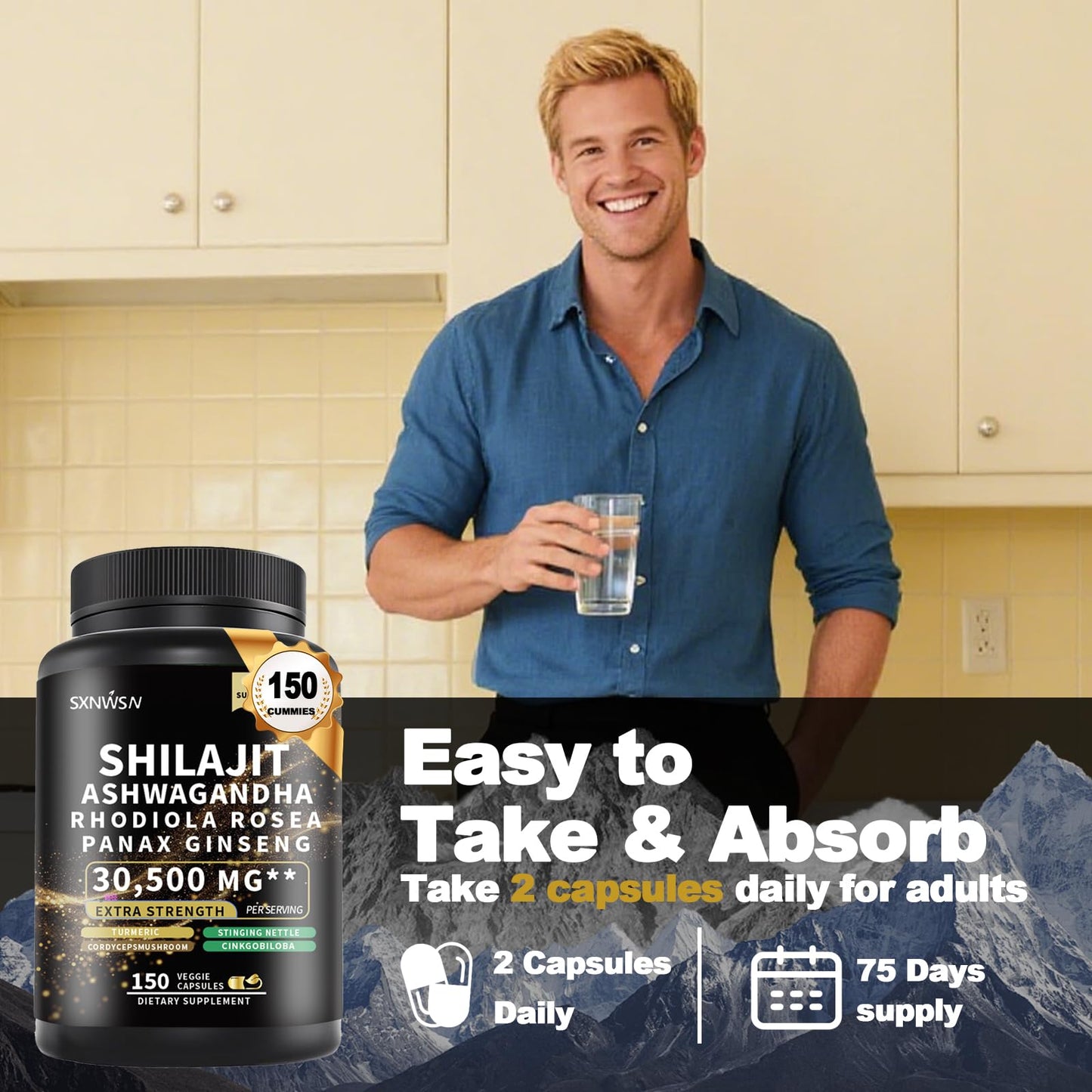 SXNWSN Shilajit Complex with Ashwagandha Rhodiola Rosea Ginseng Cordyceps Capsule, 1 Count