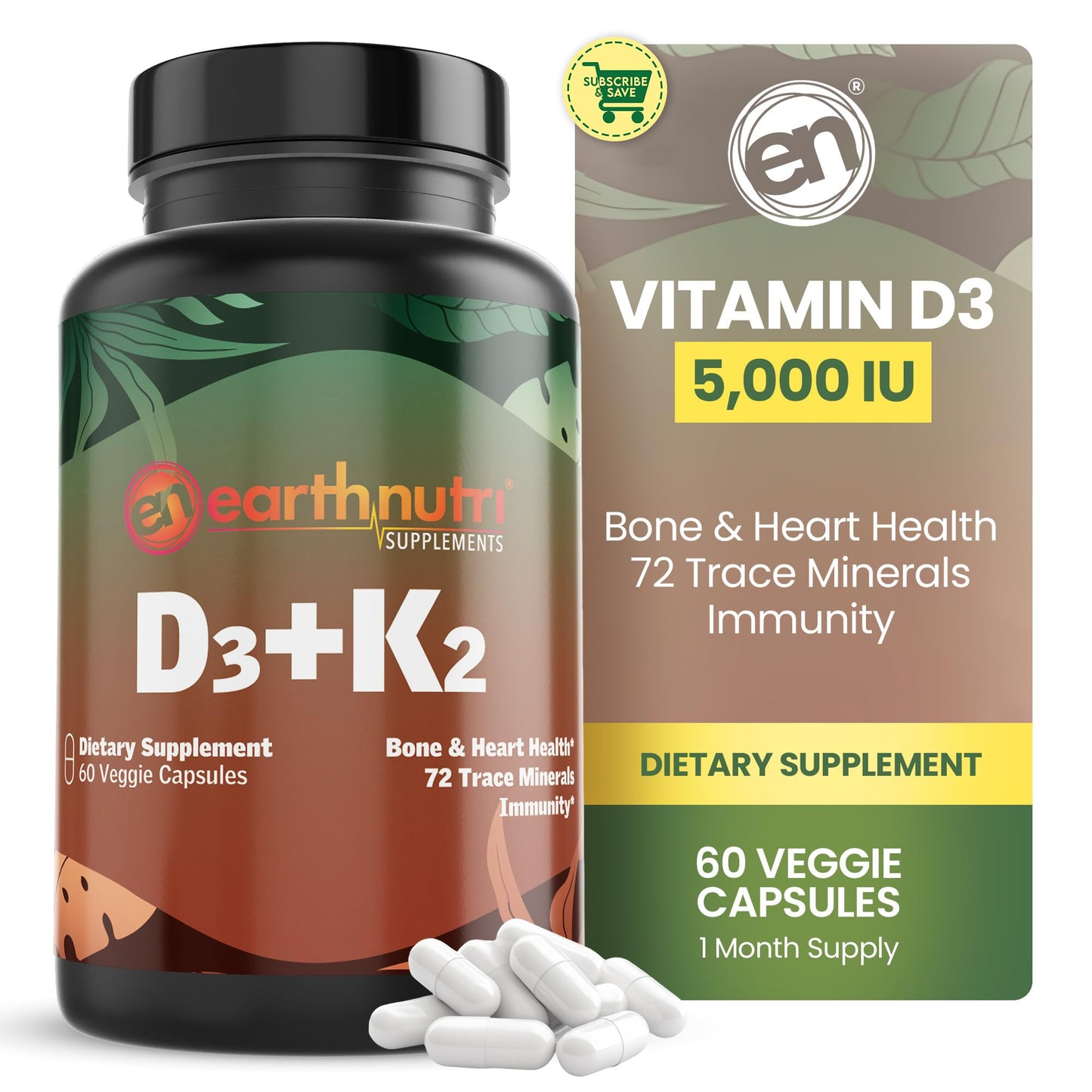 EarthNutri Vitamin D3 Plus K2 Capsule, 60 Count